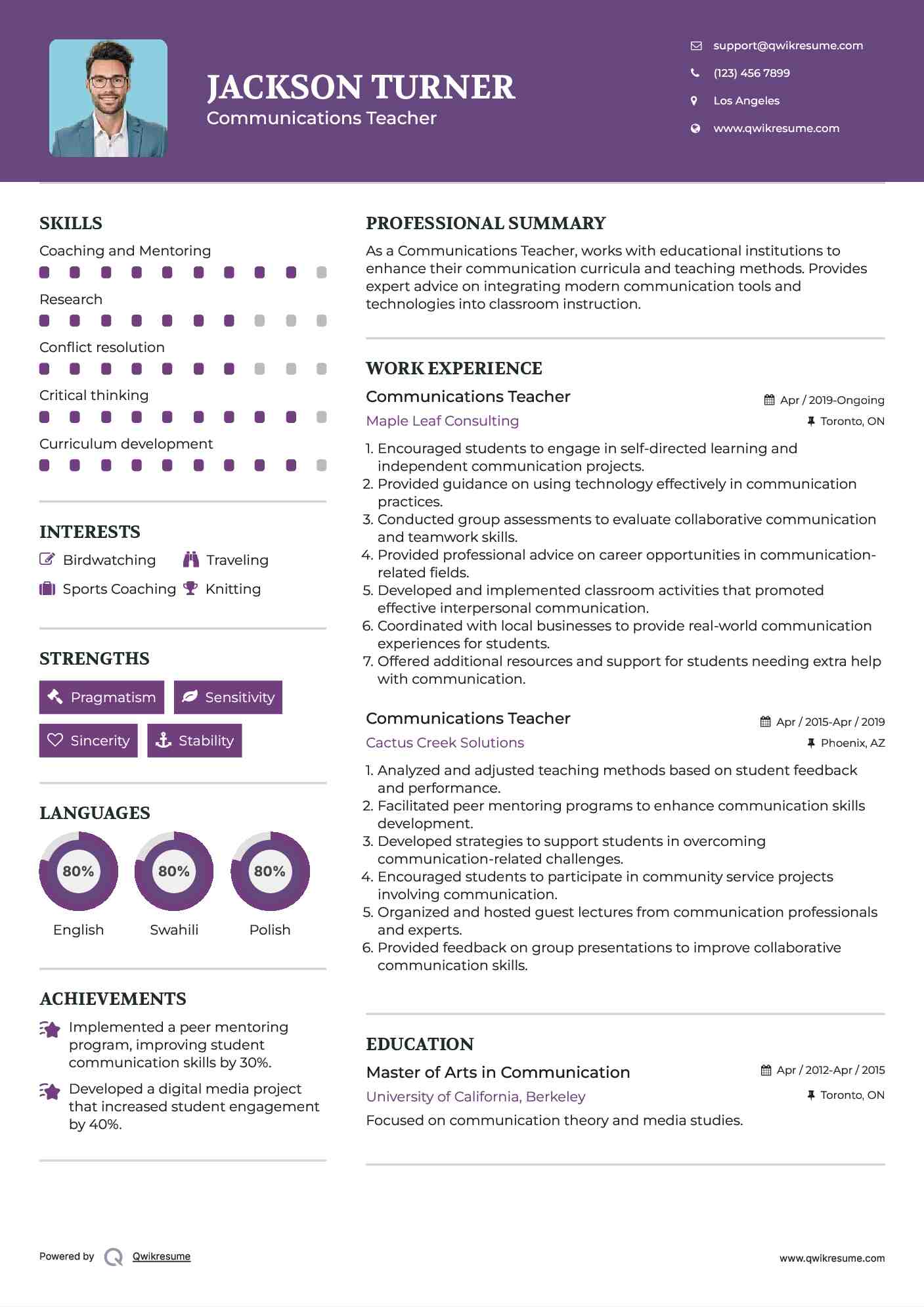 Communications Teacher Resume Model