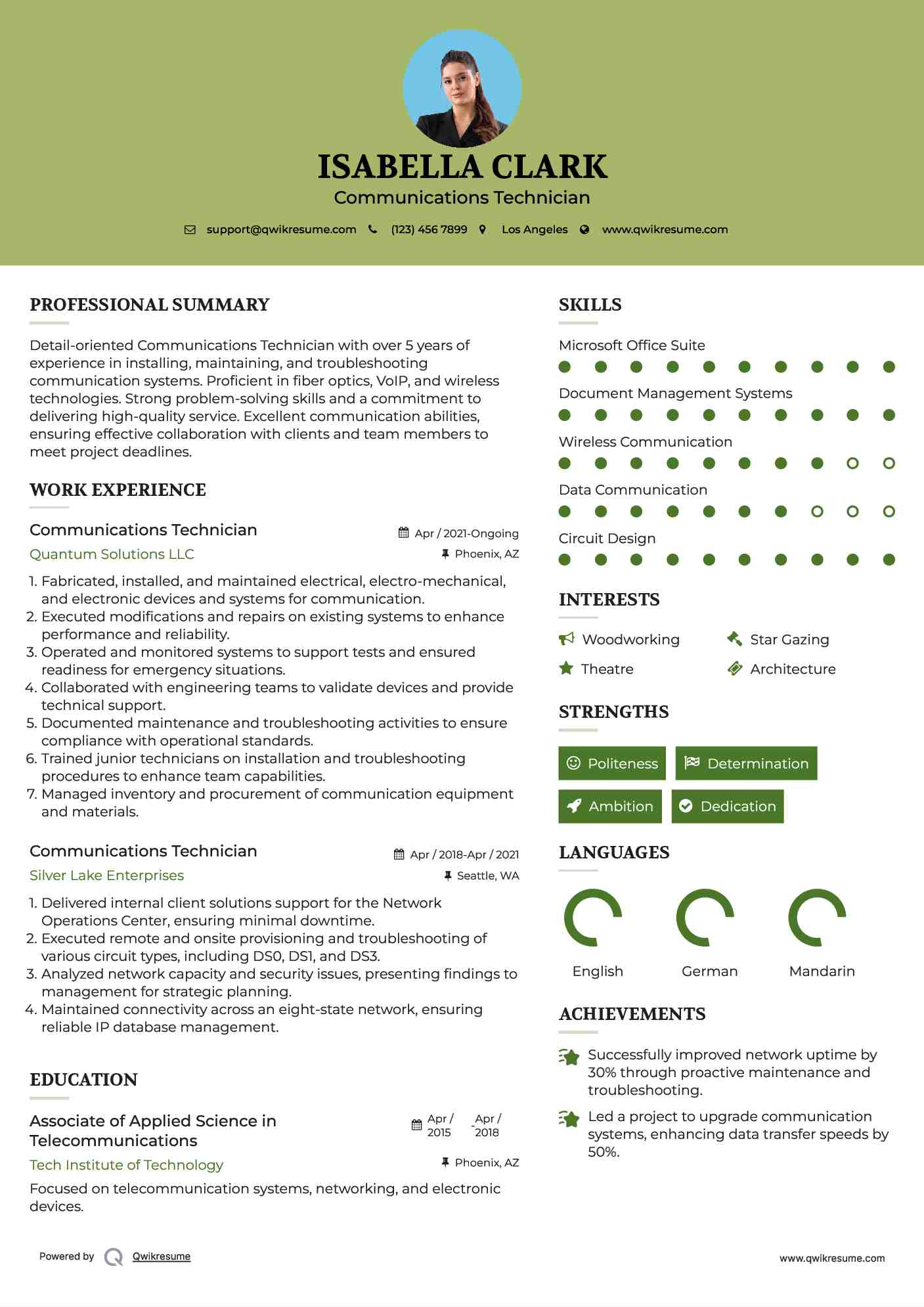 Communications Technician Resume Example