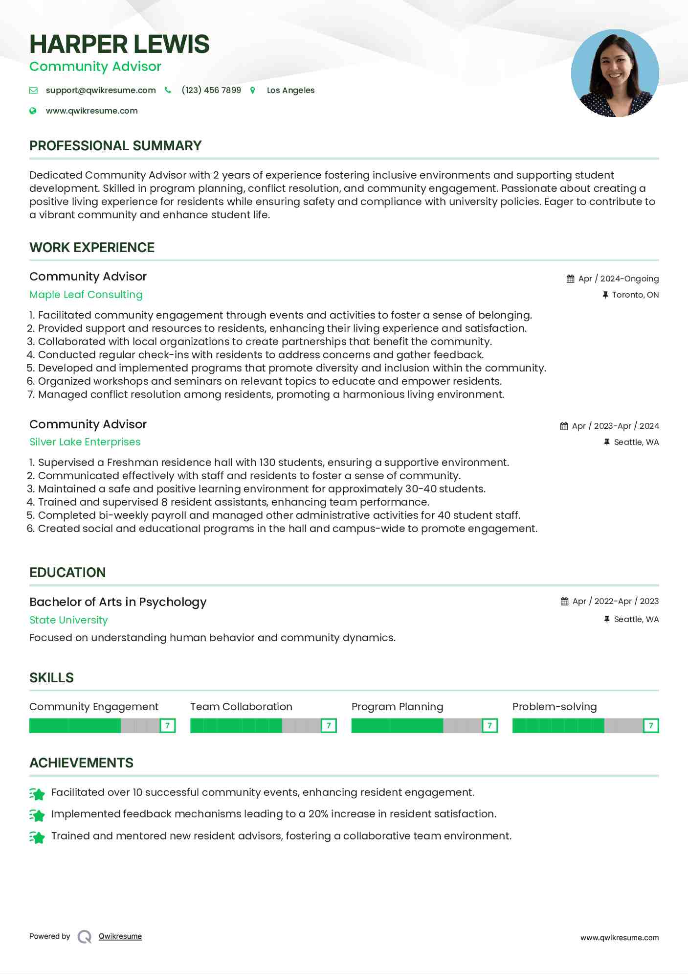 Community Advisor Resume Example