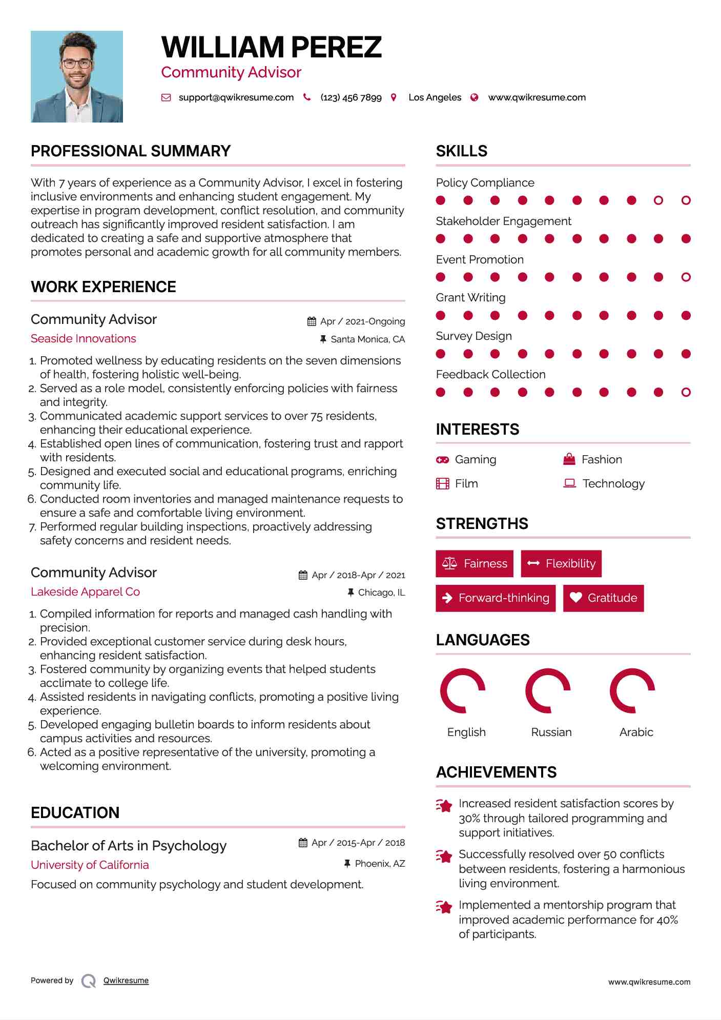 Community Advisor Resume Sample