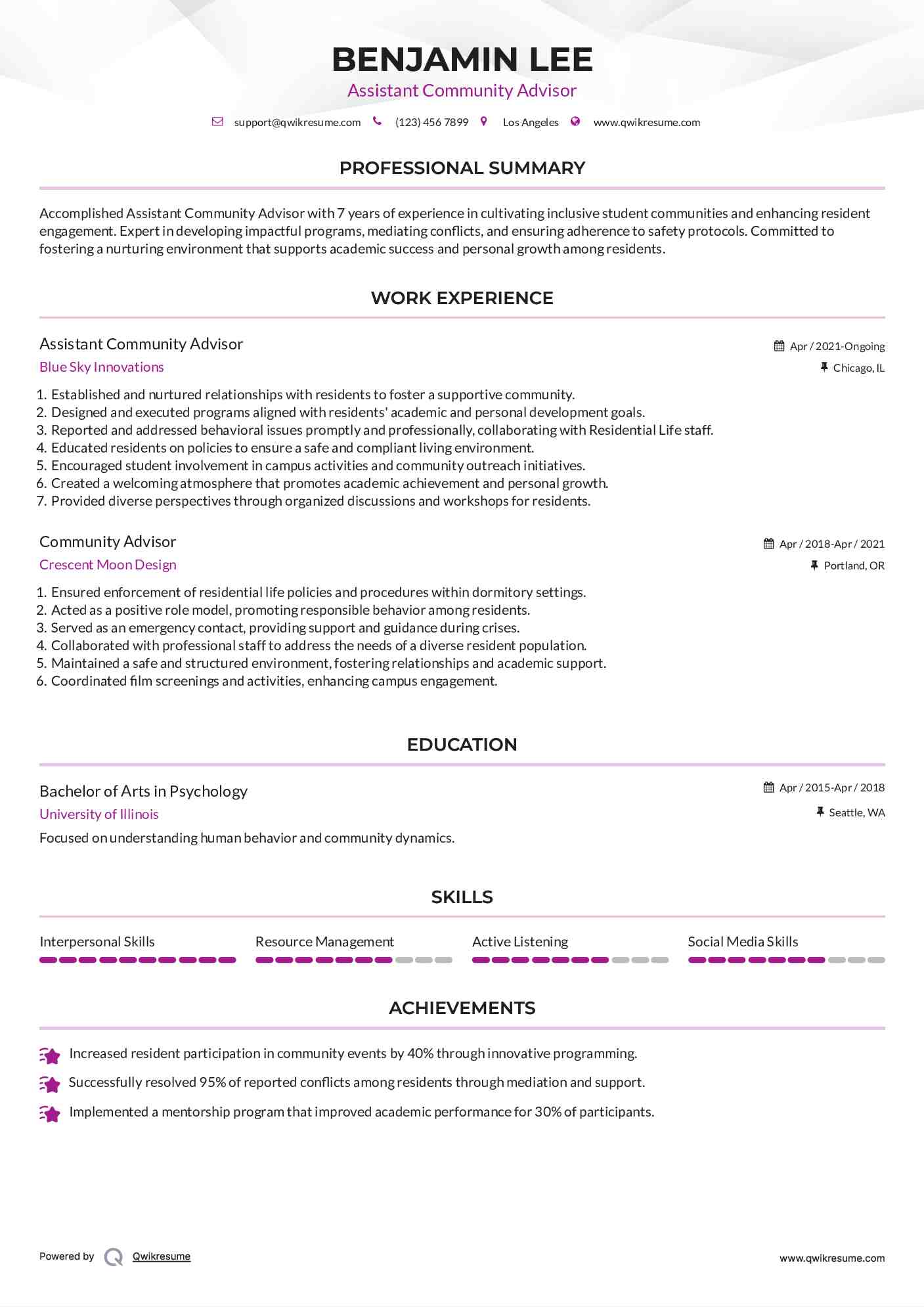 Assistant Community Advisor Resume Template