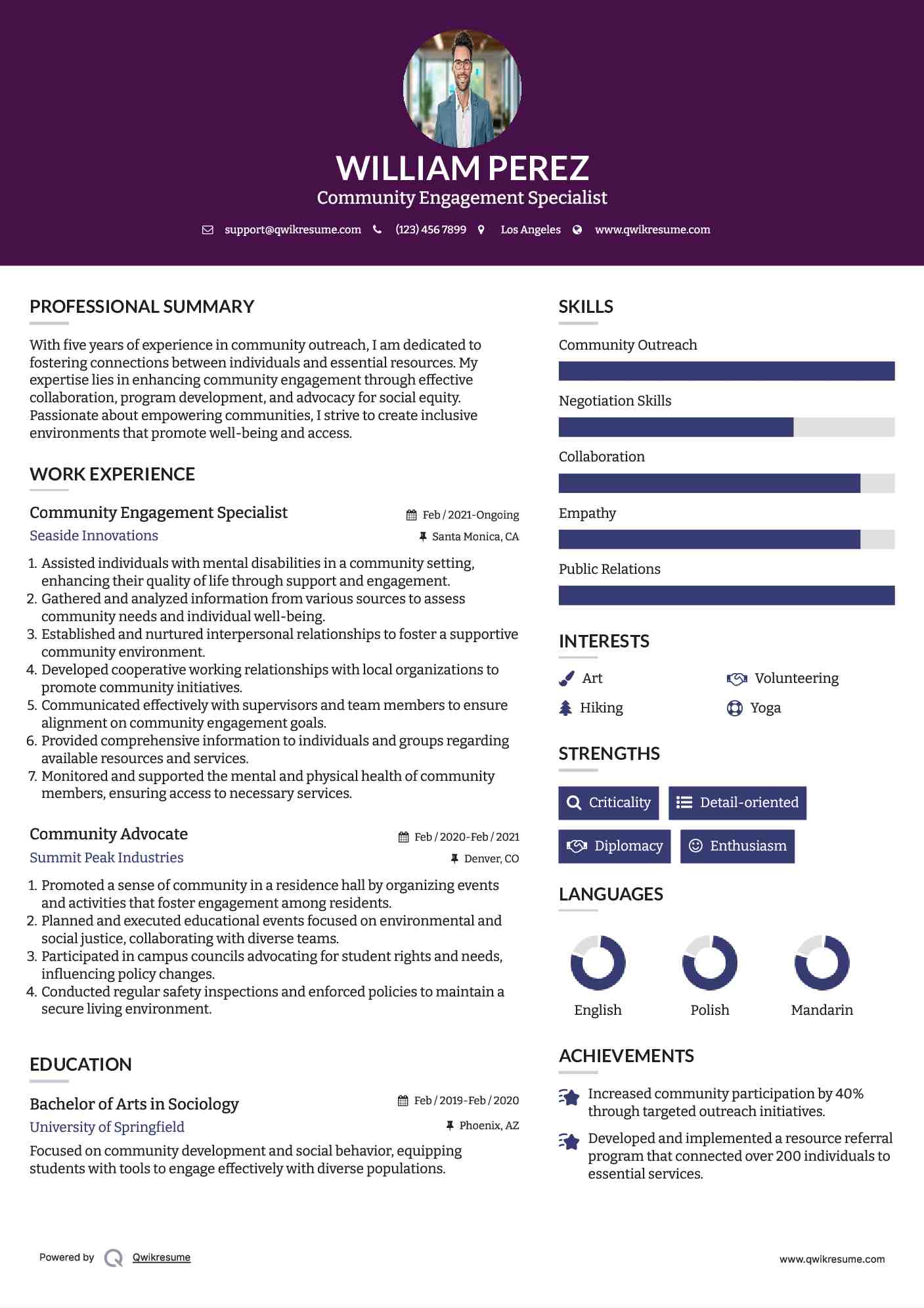Community Engagement Specialist Resume Sample