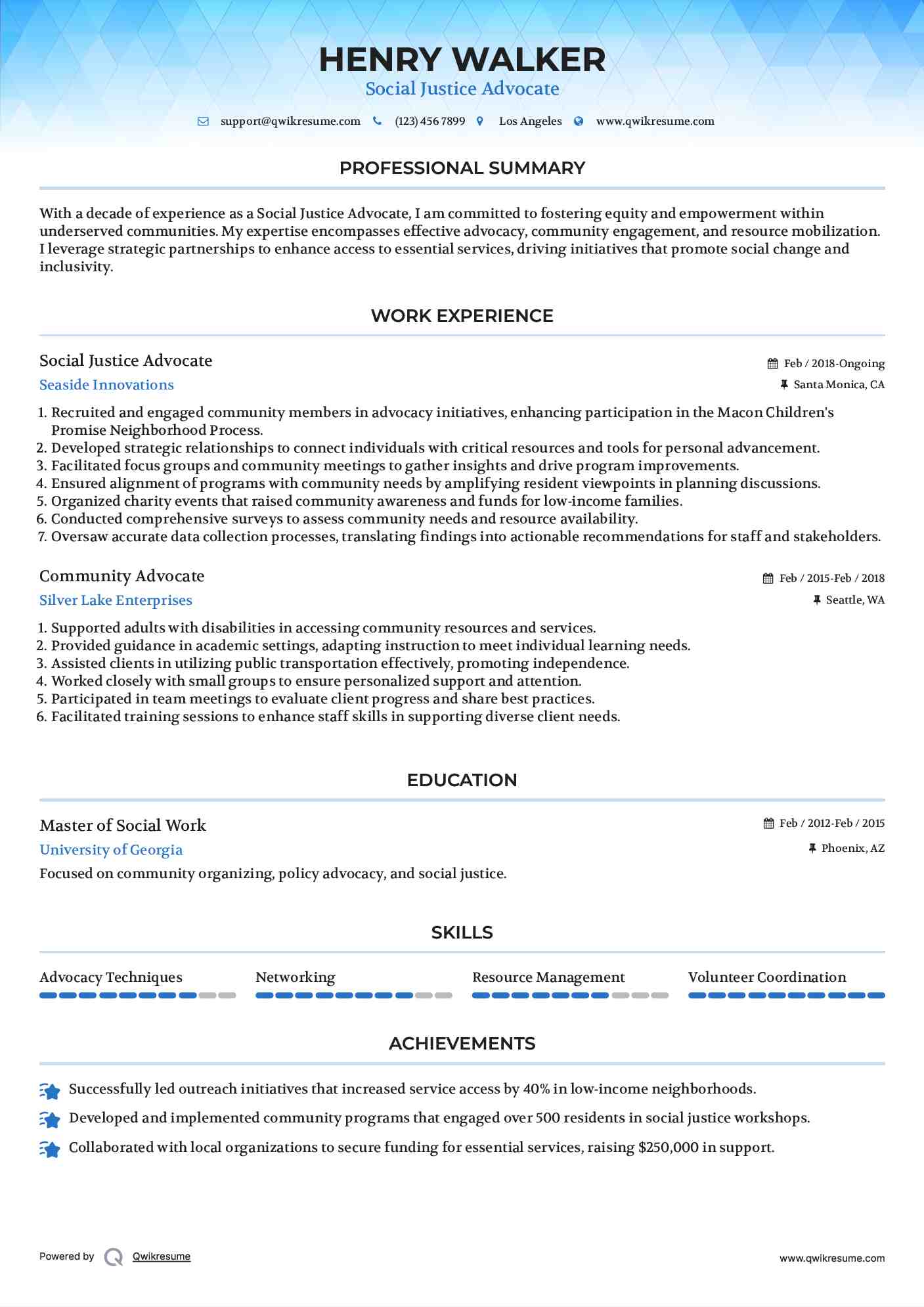 Social Justice Advocate Resume Sample