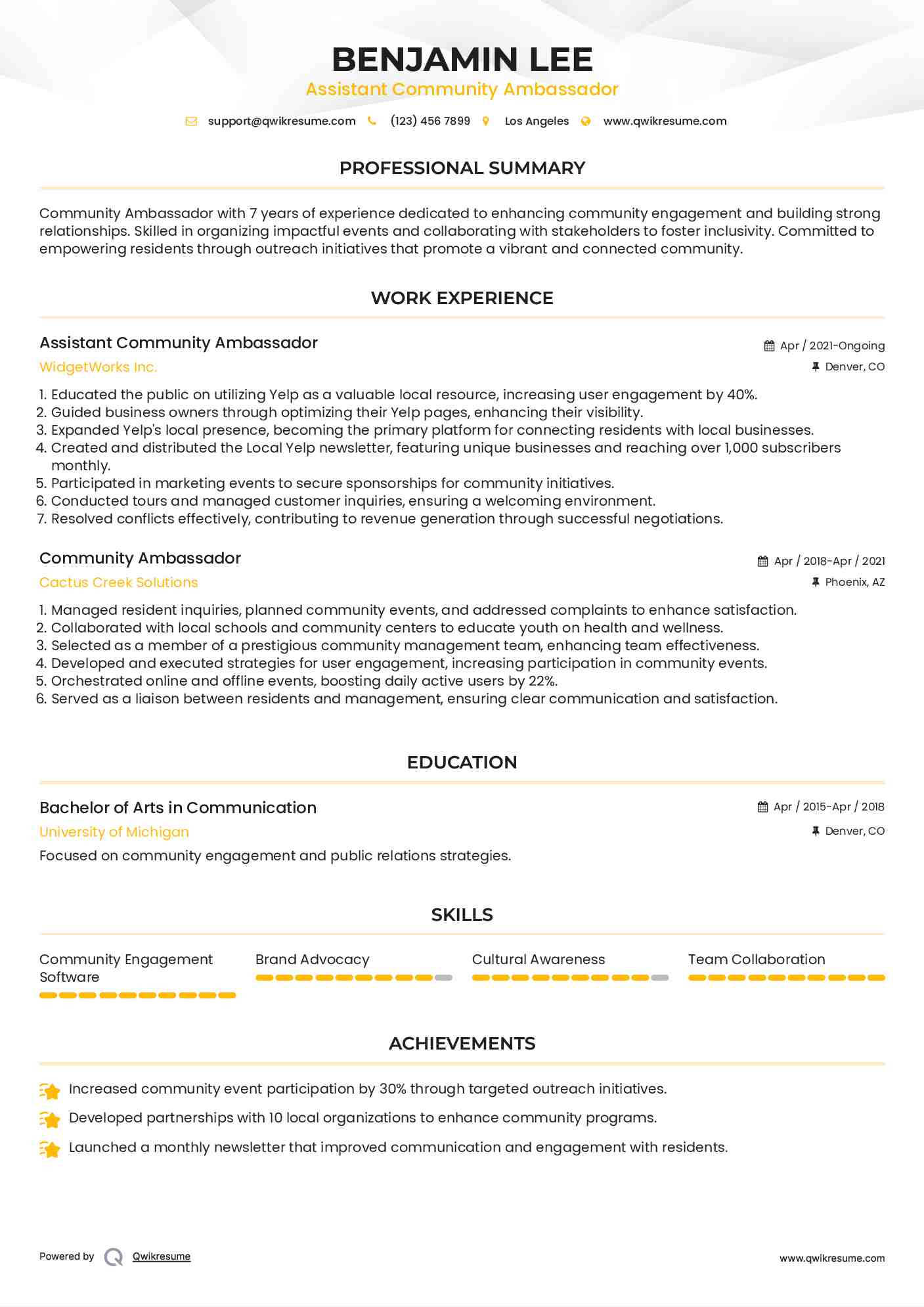 Assistant Community Ambassador Resume Sample