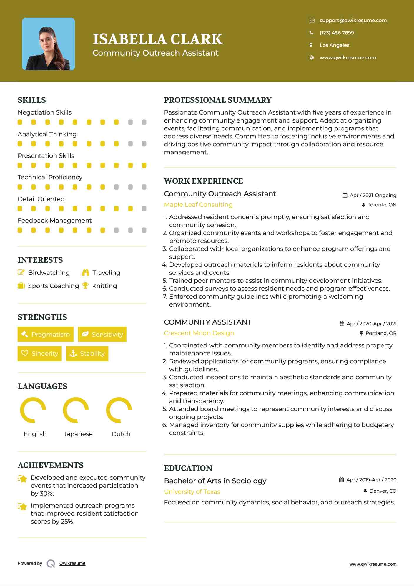 Community Outreach Assistant Resume Model