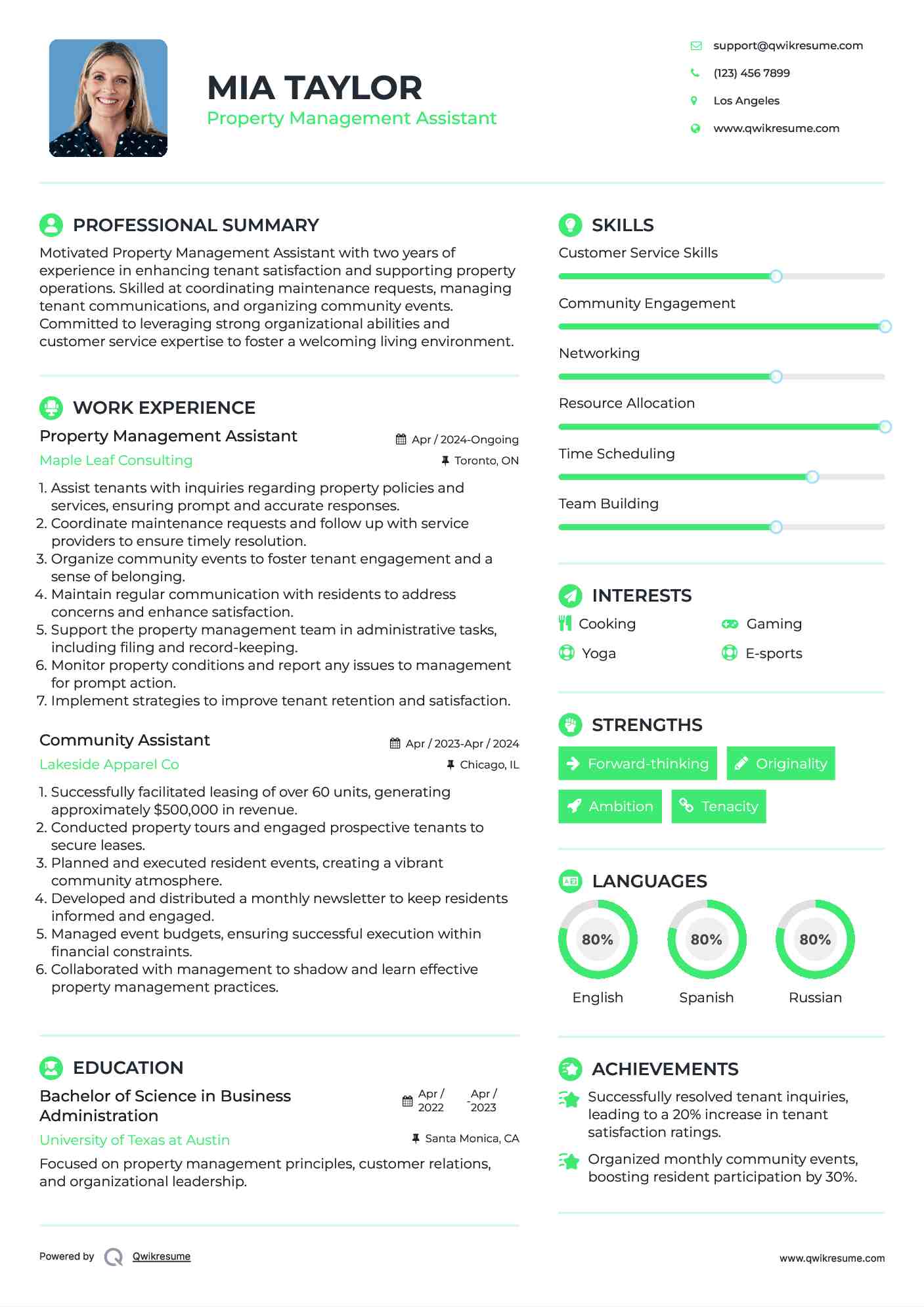 Property Management Assistant Resume Example