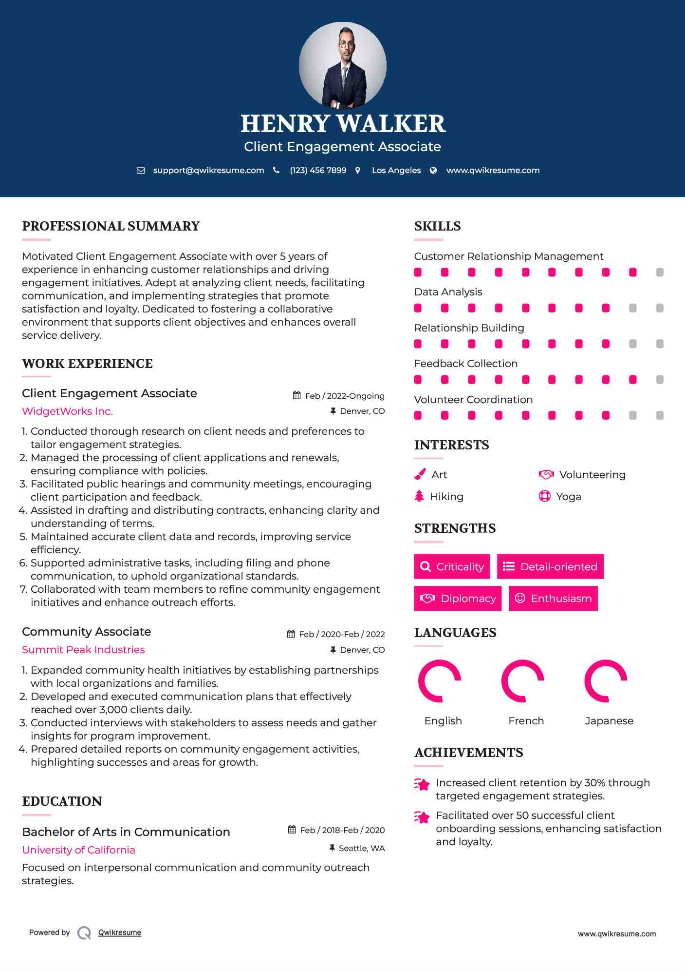 Client Engagement Associate Resume Model