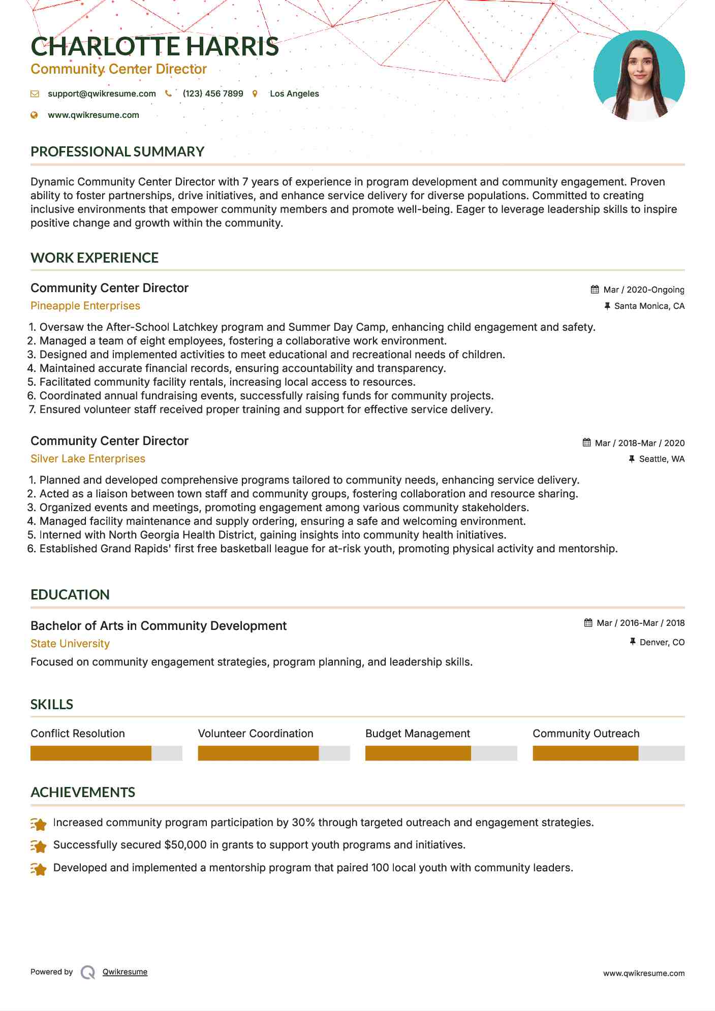 Community Center Director Resume Sample