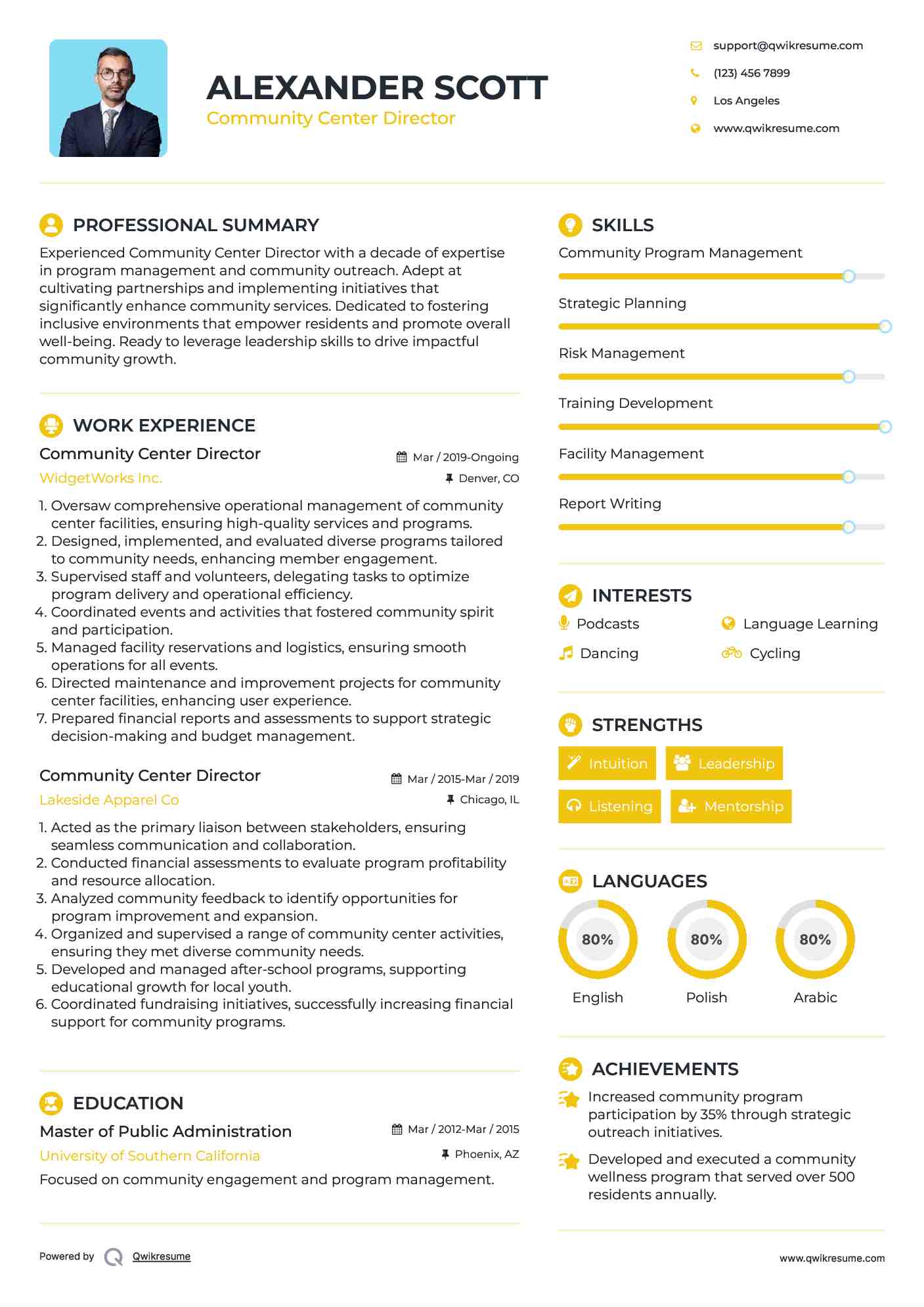 Community Center Director Resume Format