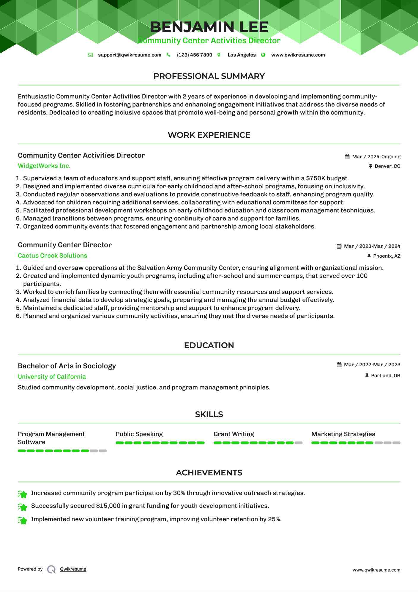 Community Center Activities Director Resume Example