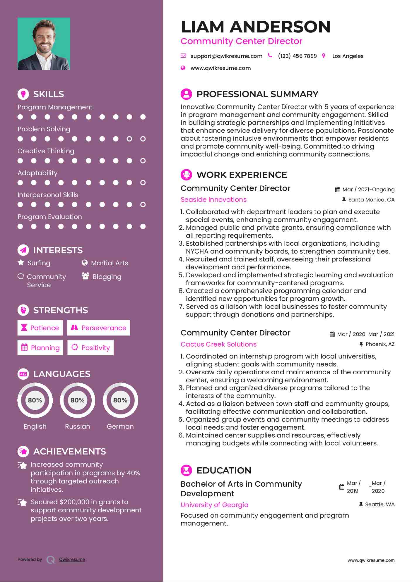 Community Center Director Resume Example