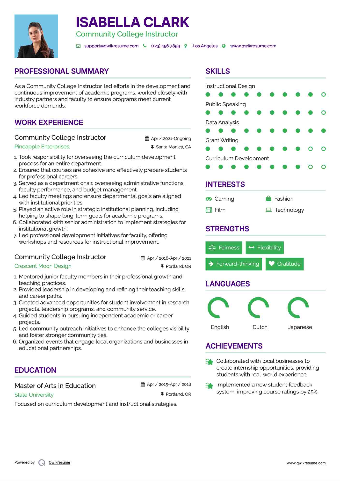 Community College Instructor Resume Sample