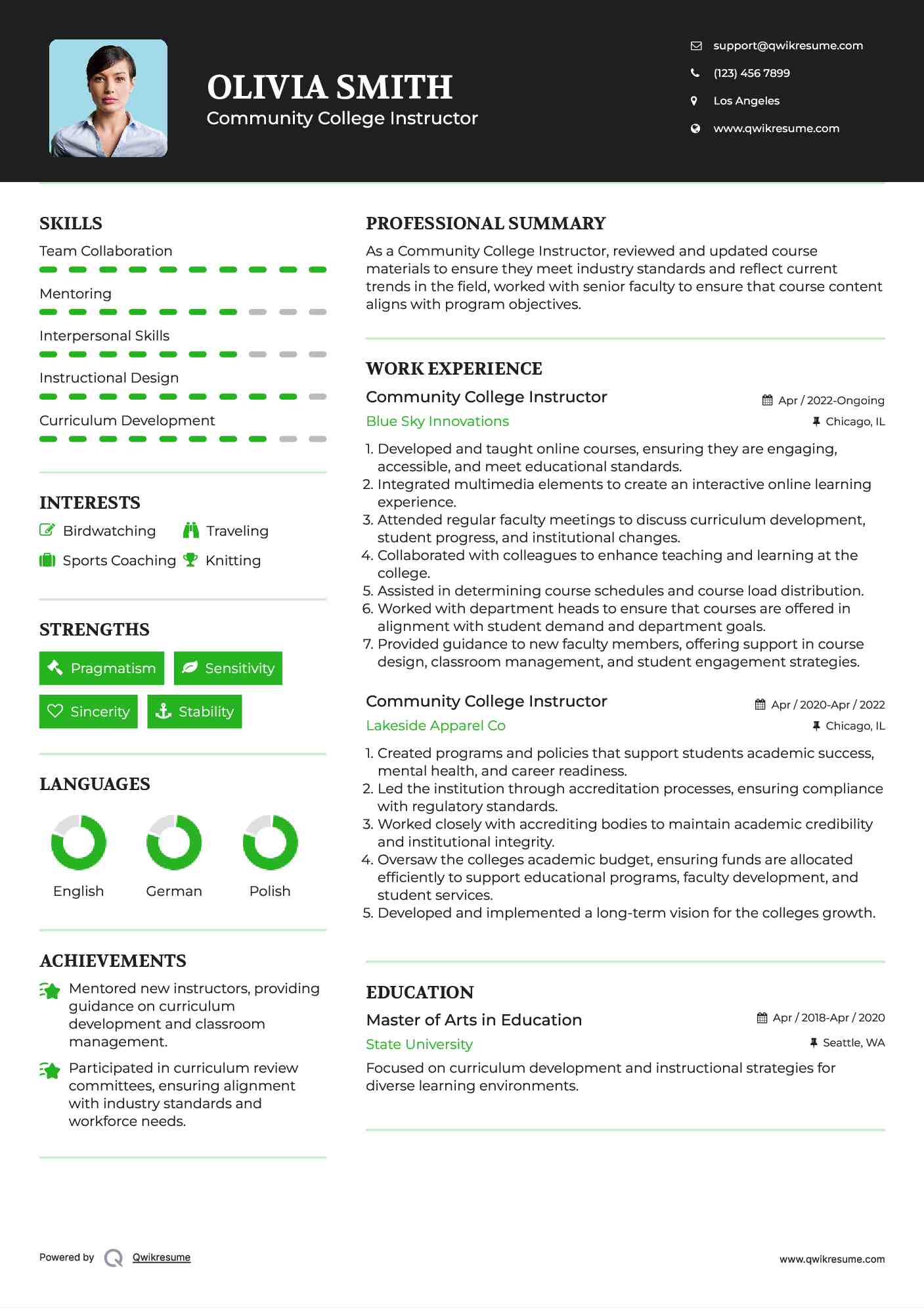 Community College Instructor Resume Model