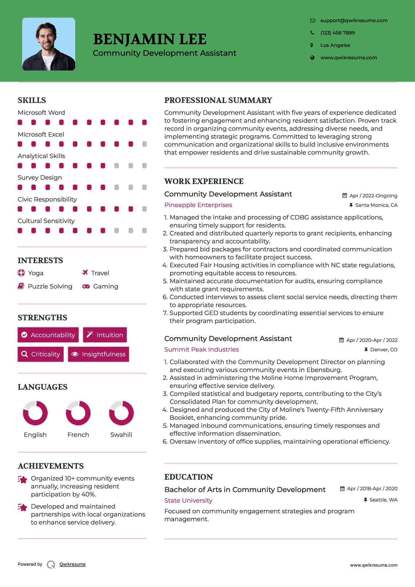 Community Development Assistant Resume Example