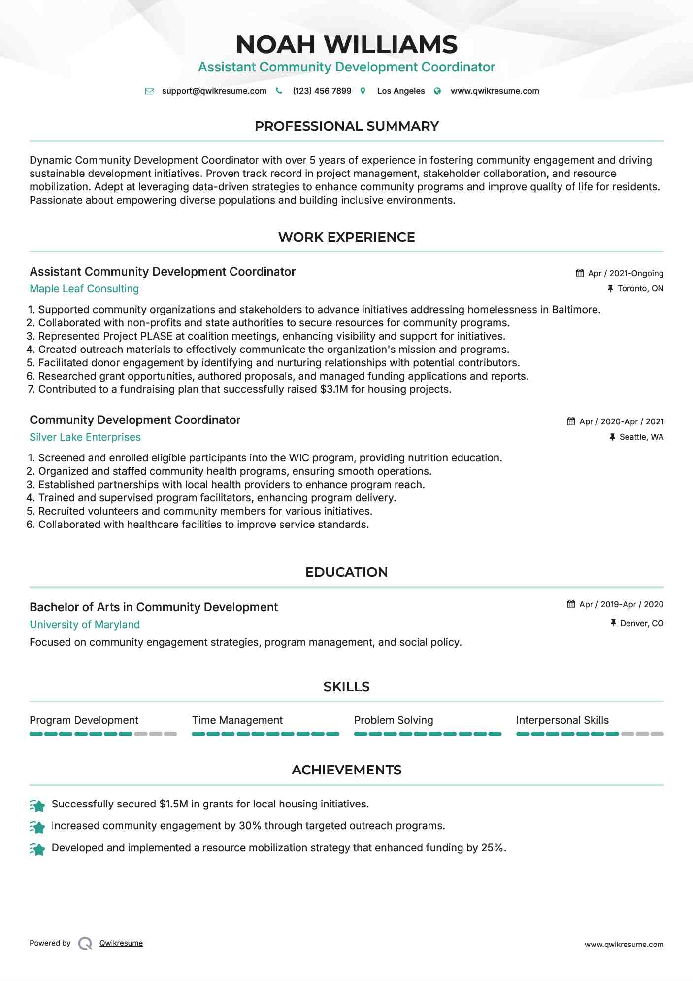 Assistant Community Development Coordinator Resume Sample