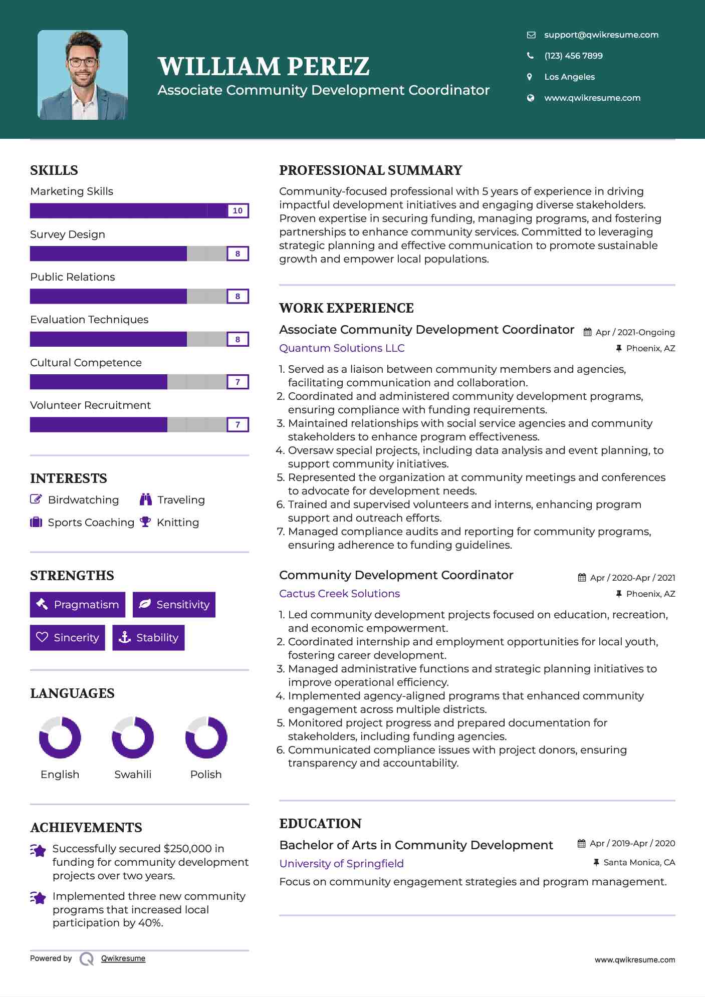 Associate Community Development Coordinator Resume Example