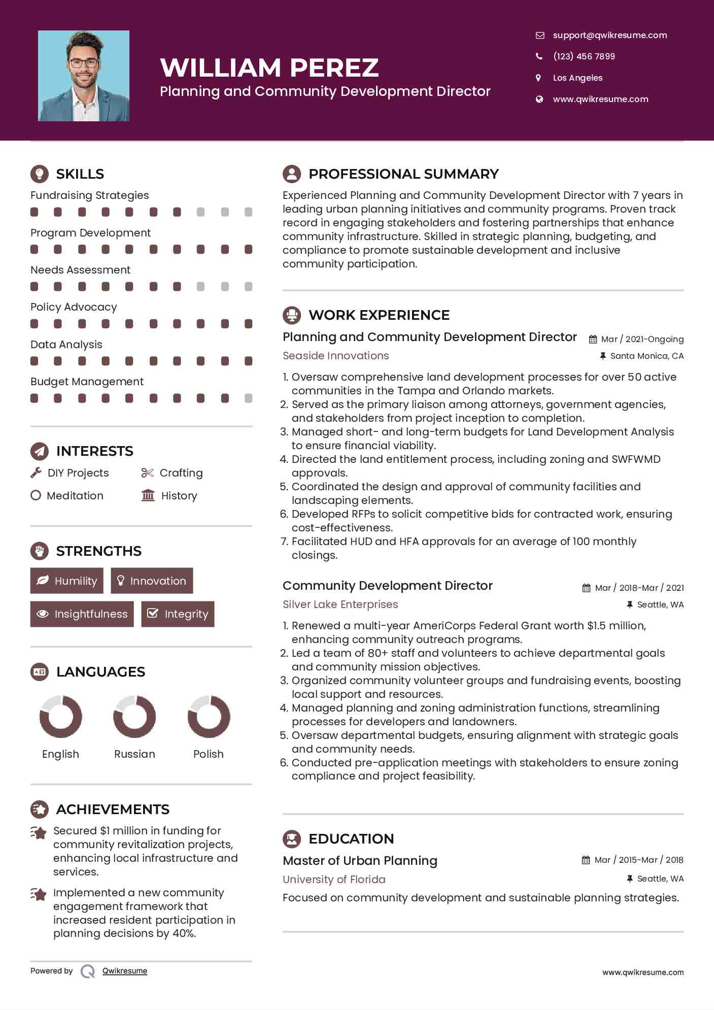 Planning and Community Development Director
 Resume Sample