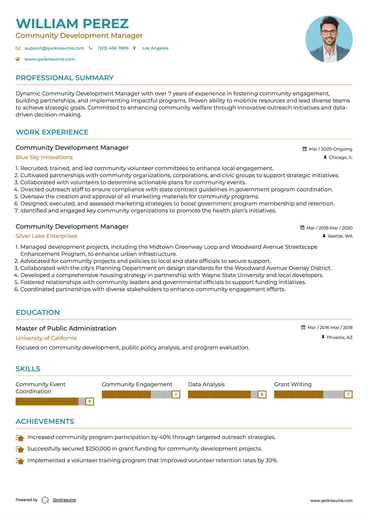 Community Development Manager Resume Example