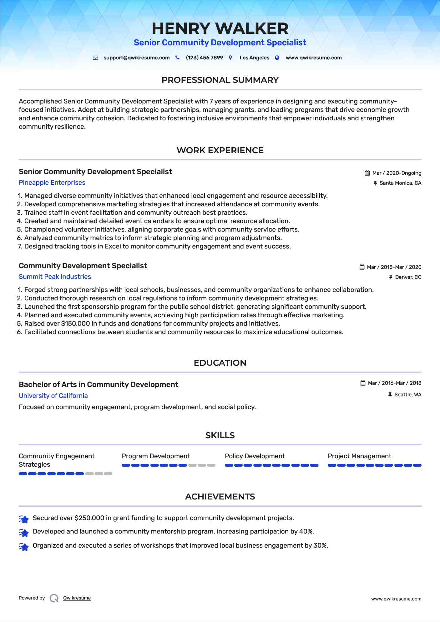 Senior Community Development Specialist  Resume Example