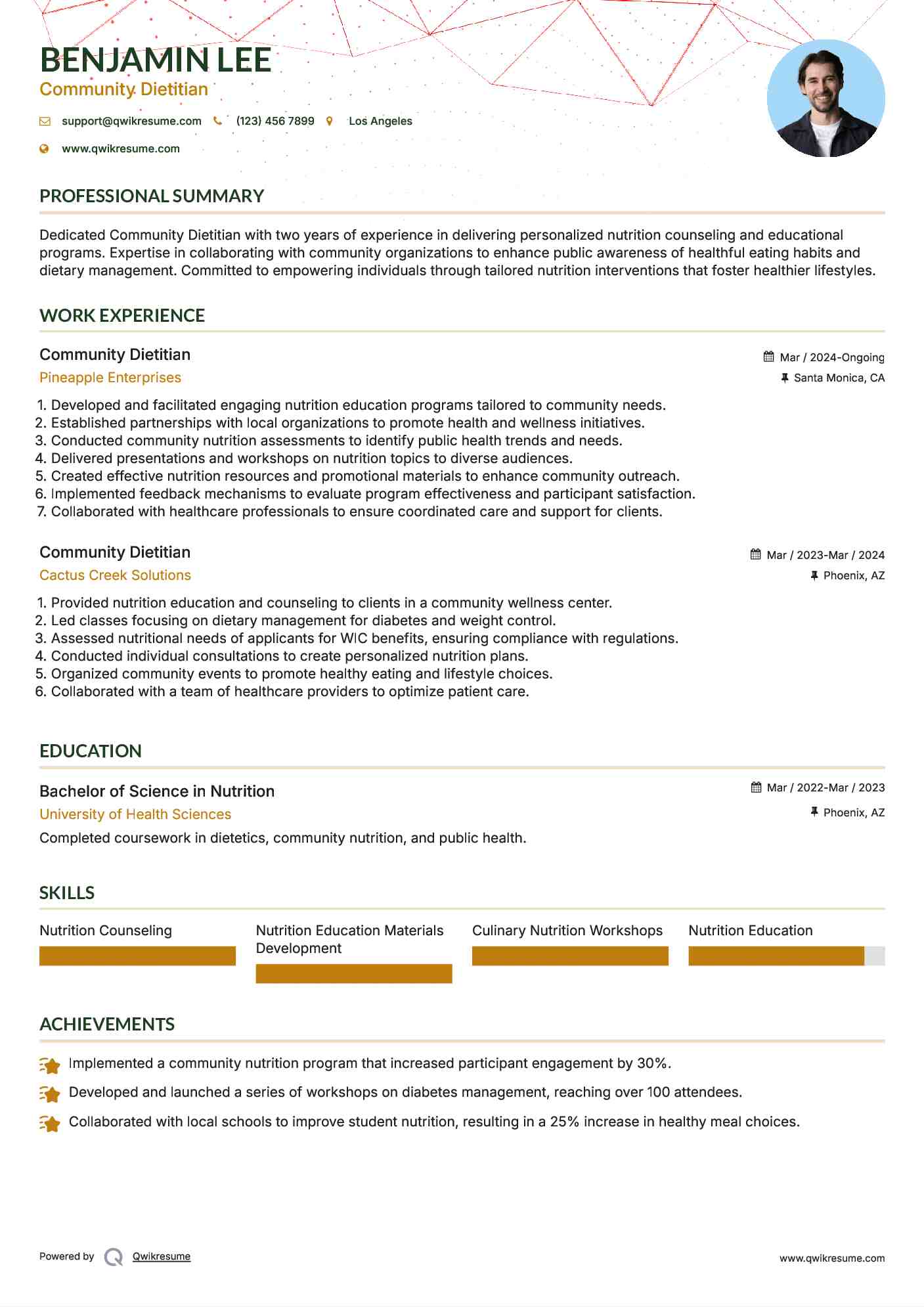 Community Dietitian Resume Sample