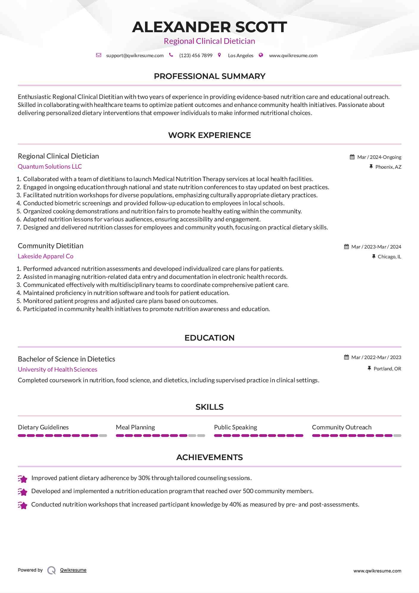 Regional Clinical Dietician Resume Model