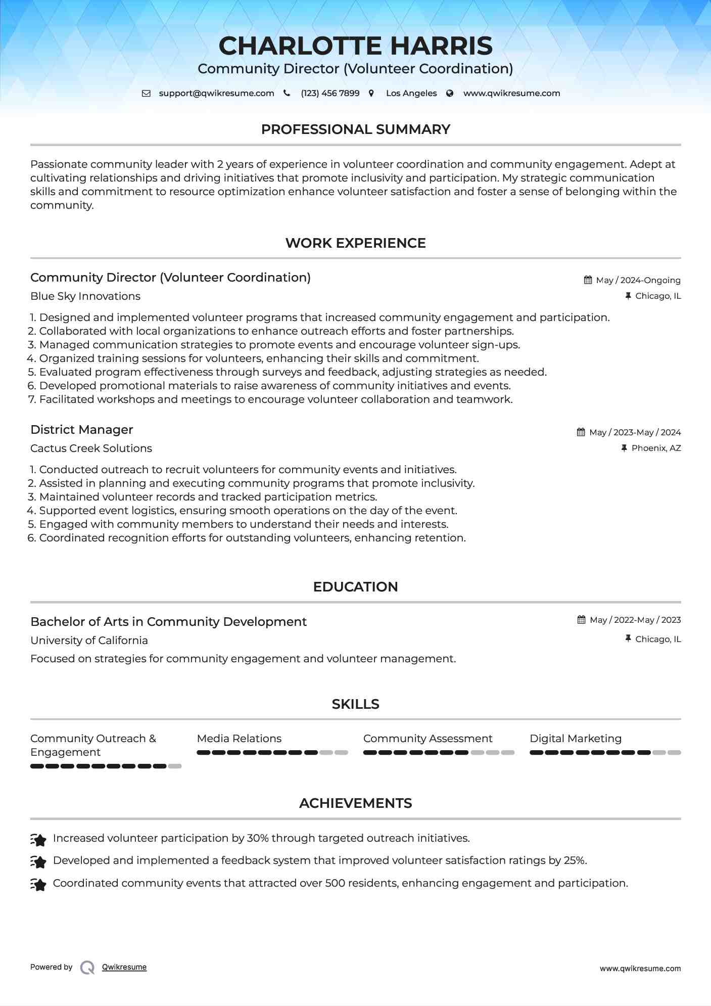 Community Director (Volunteer Coordination) Resume Format