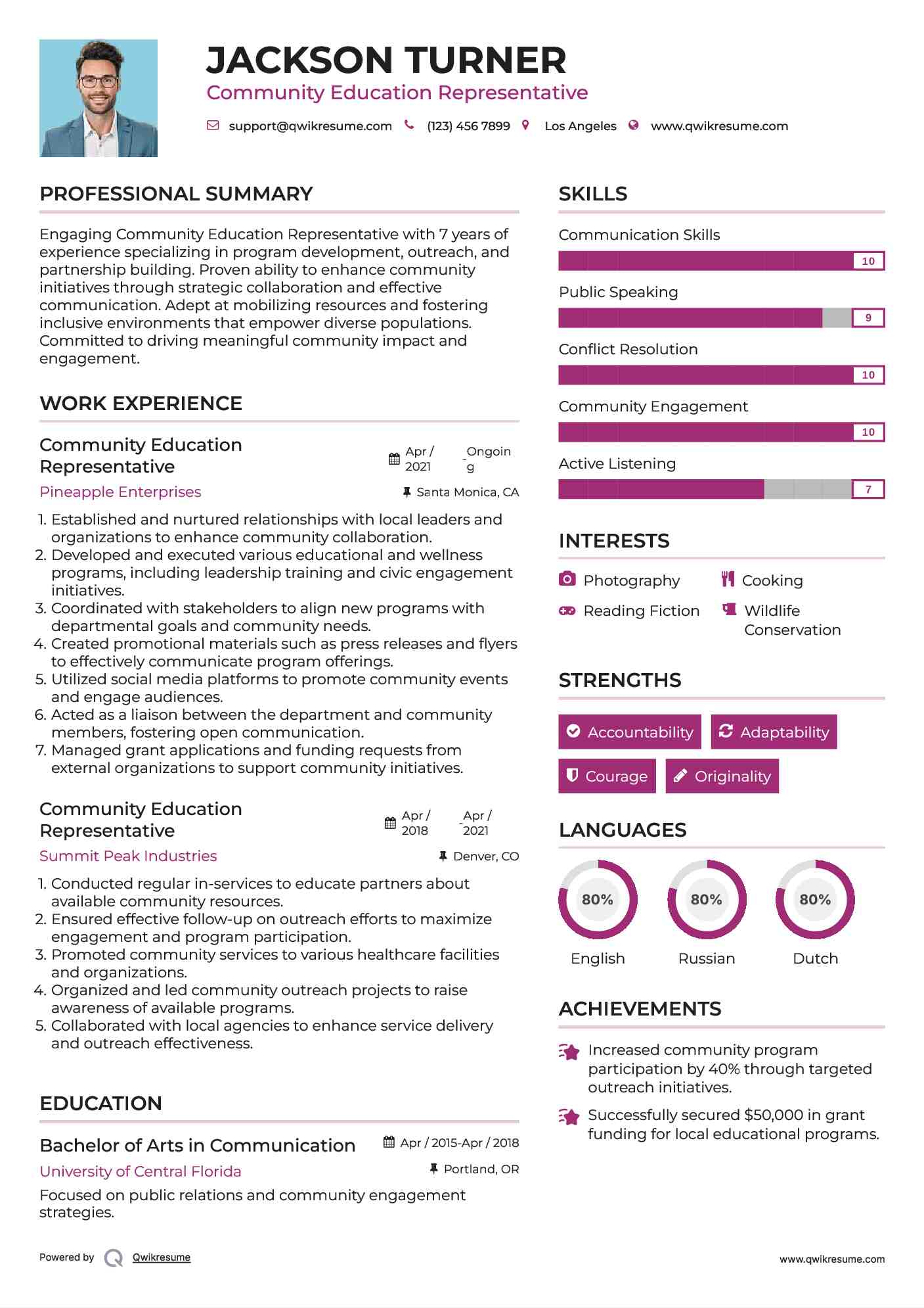 Community Education Representative Resume Example