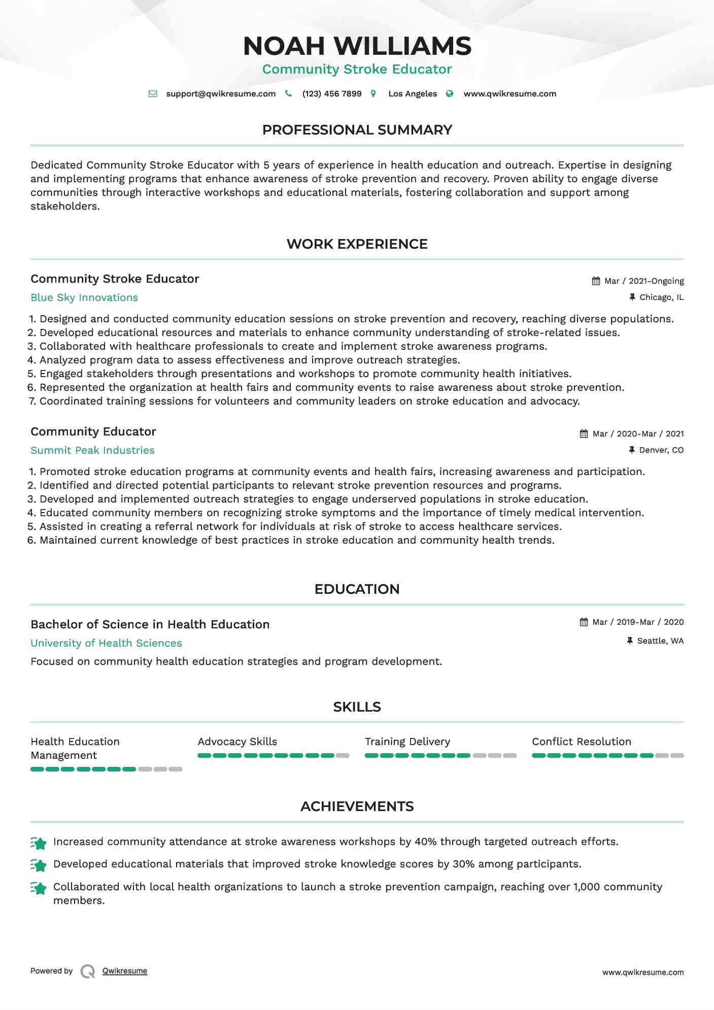 Community Stroke Educator
 Resume Example