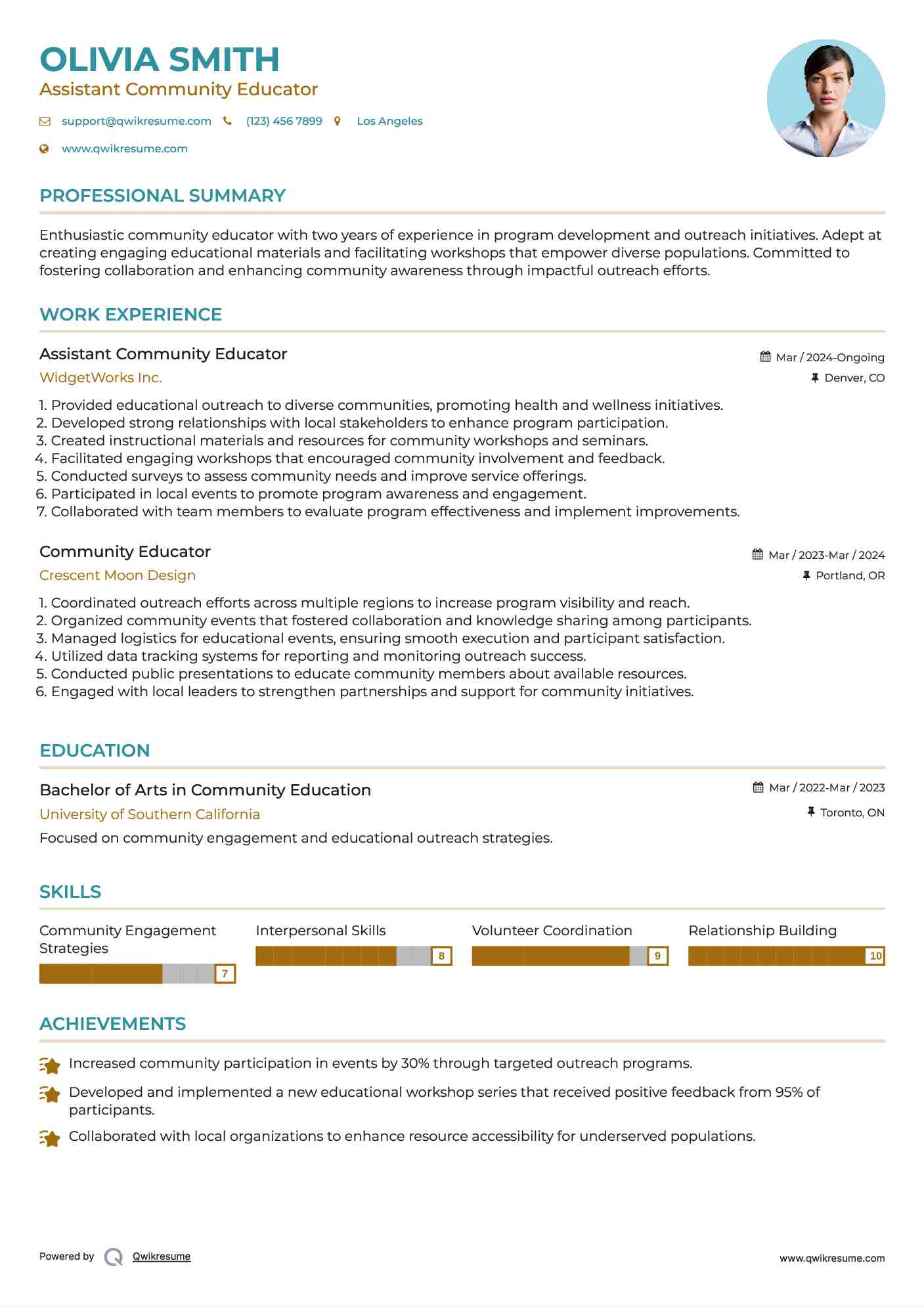Assistant Community Educator Resume Example