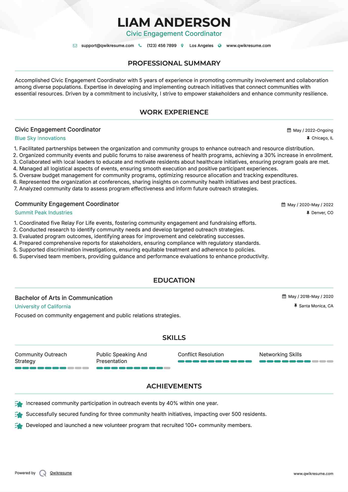 Civic Engagement Coordinator Resume Format