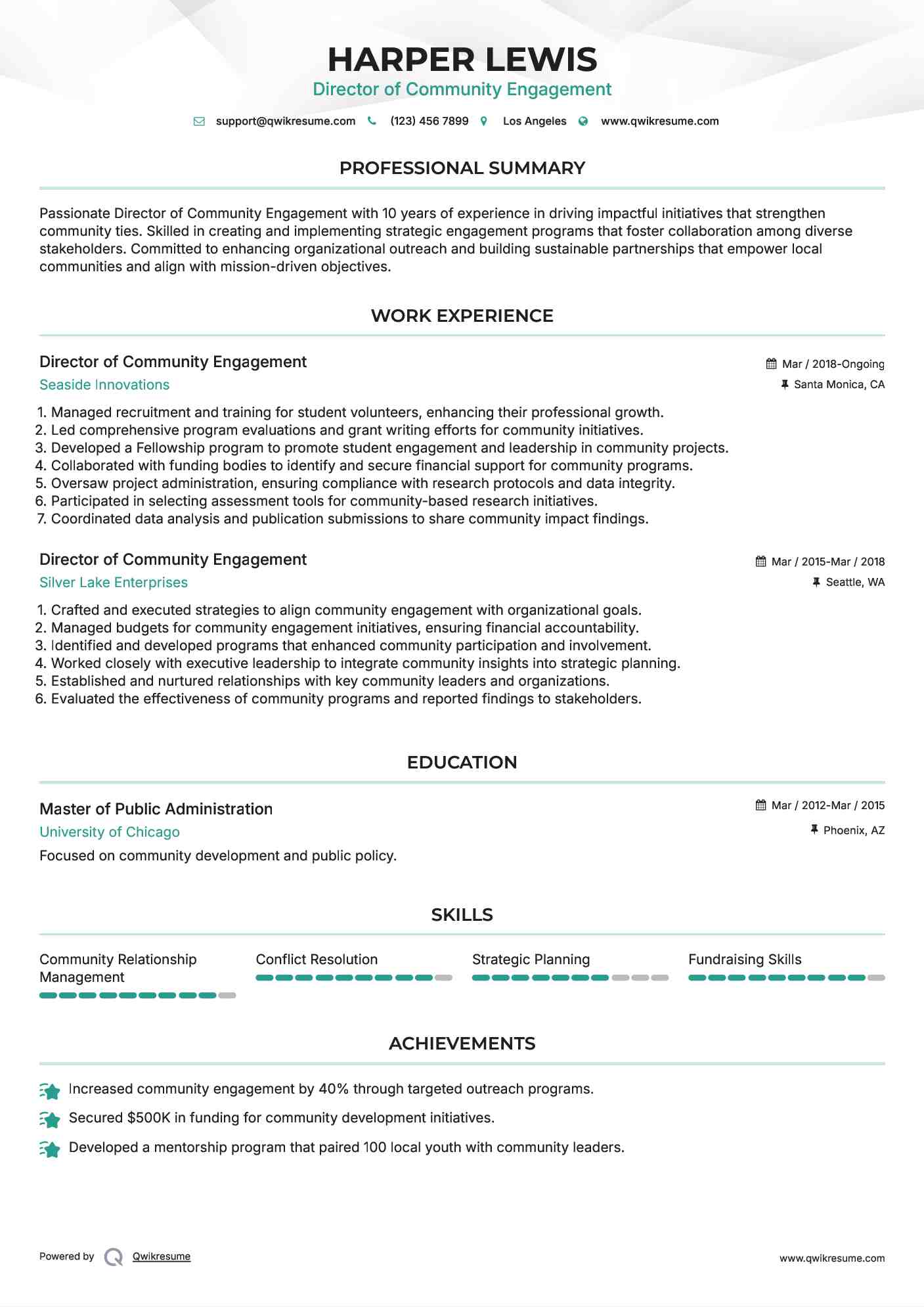 Director of Community Engagement  Resume Model