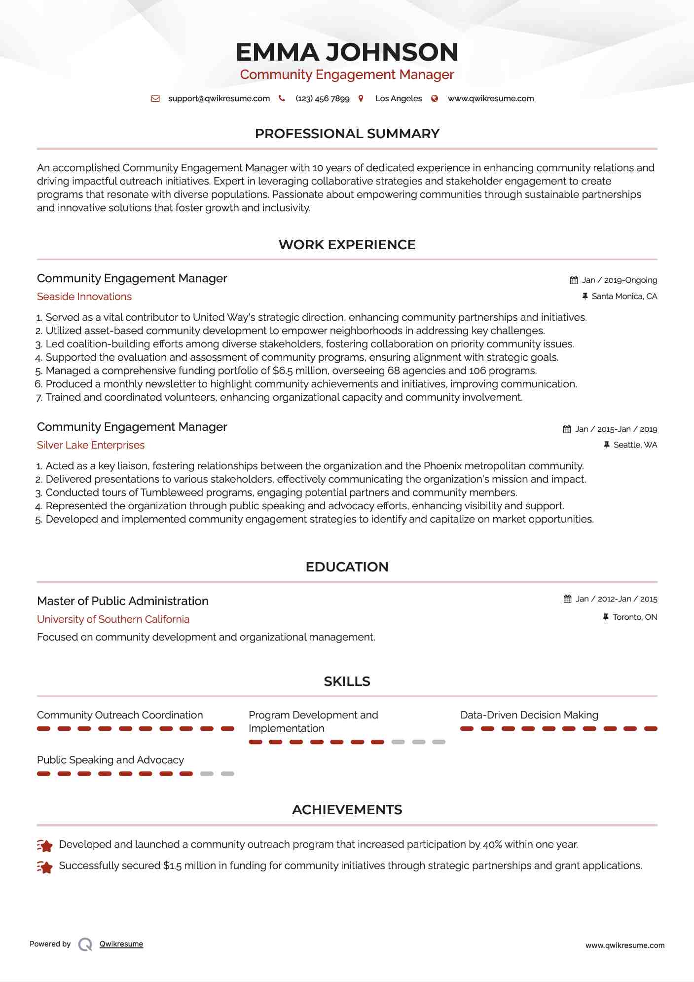 Community Engagement Manager Resume Example