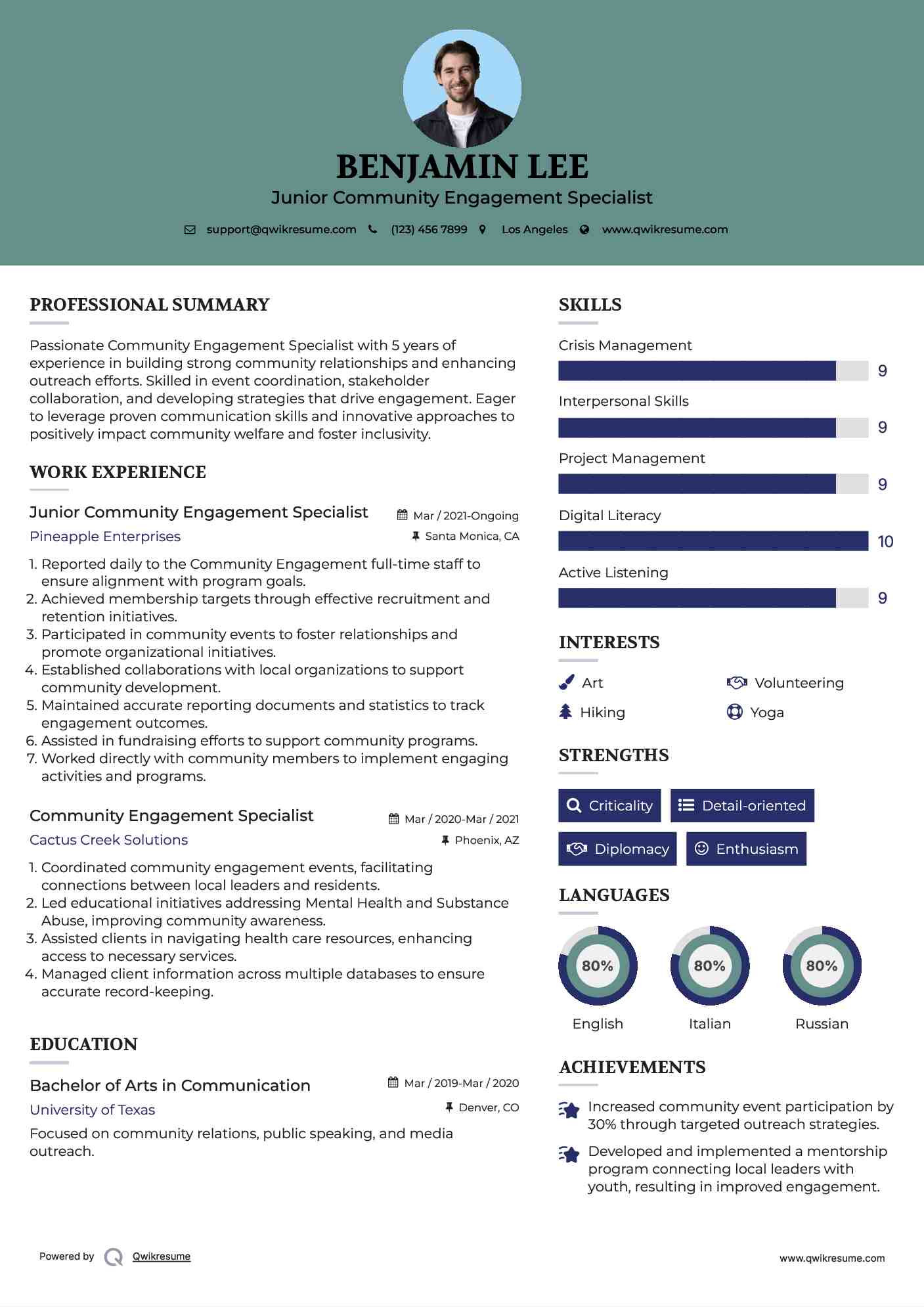 Junior Community Engagement Specialist Resume Sample
