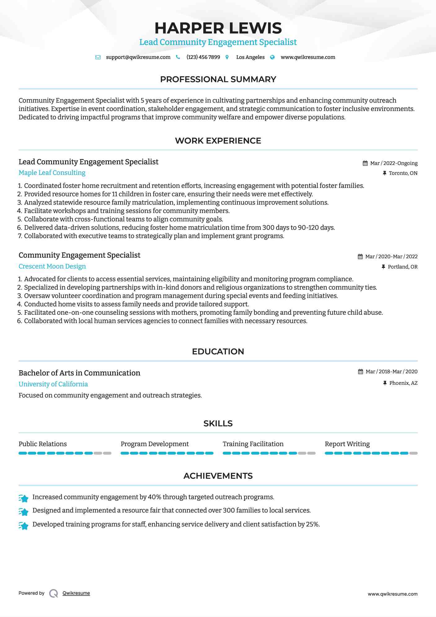 Lead Community Engagement Specialist Resume Sample