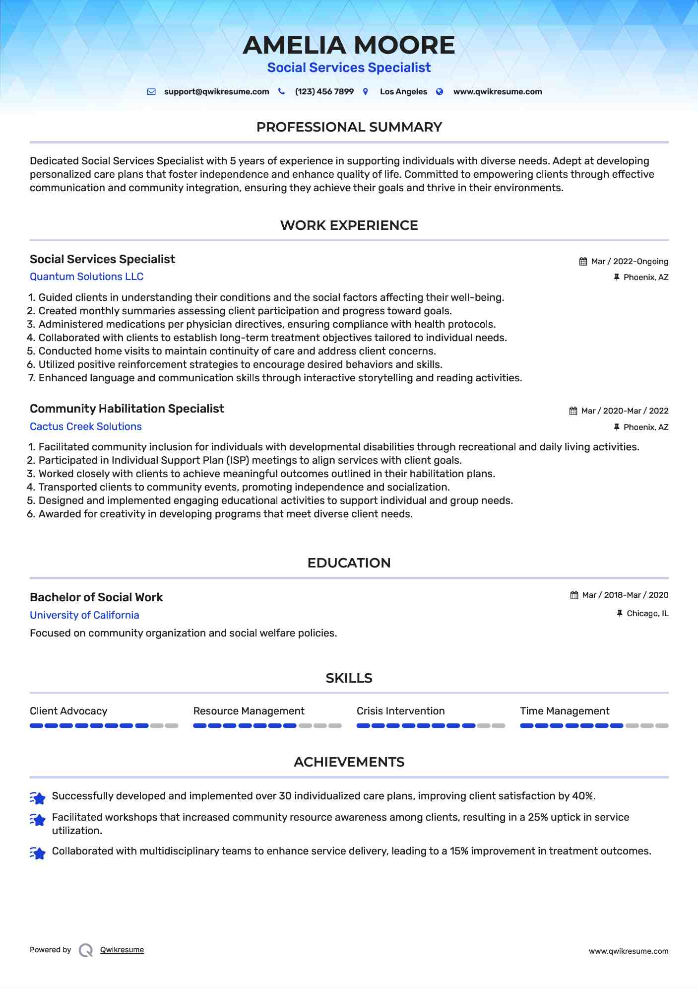Social Services Specialist Resume Model