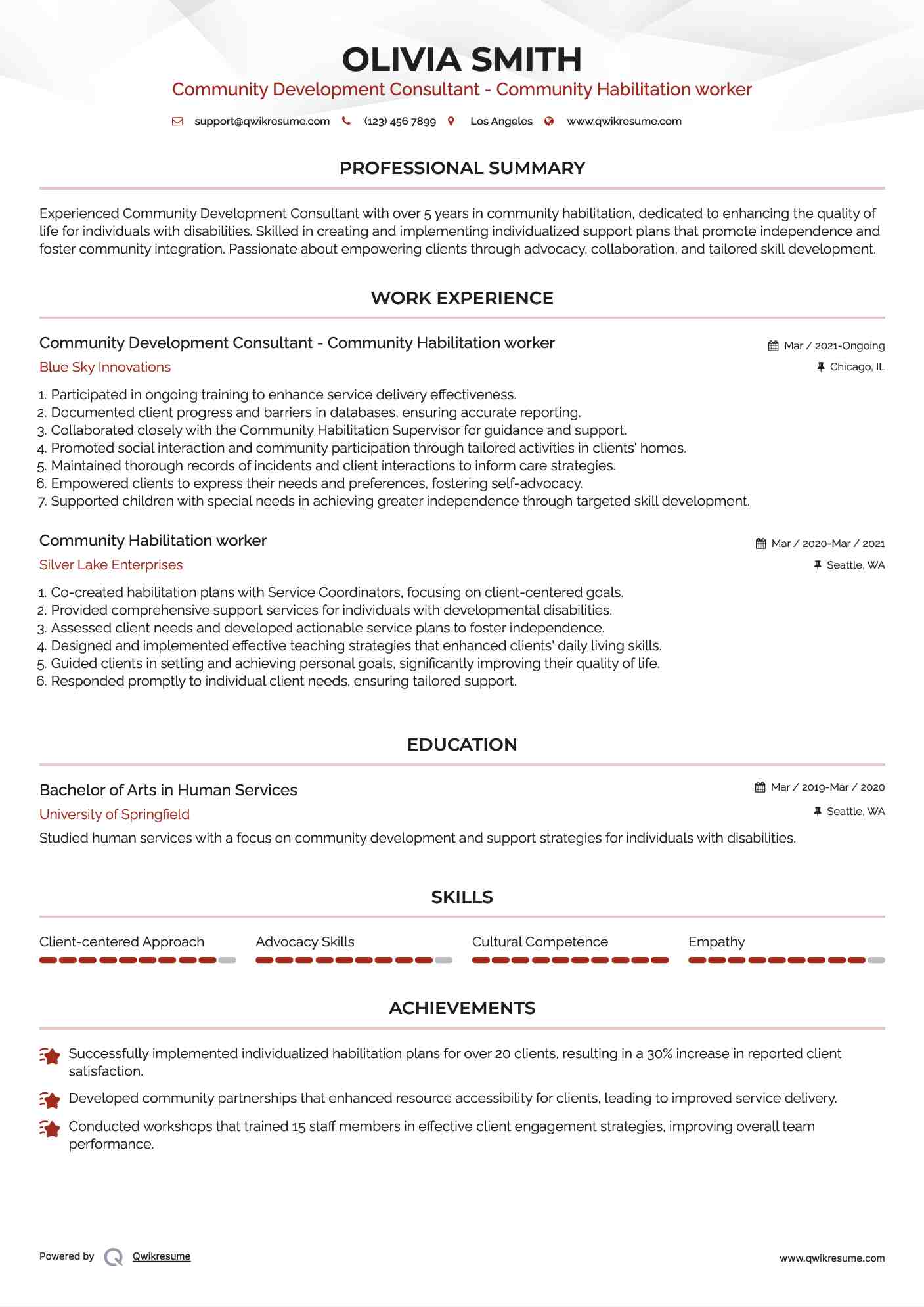 Community Development Consultant - Community Habilitation worker Resume Sample