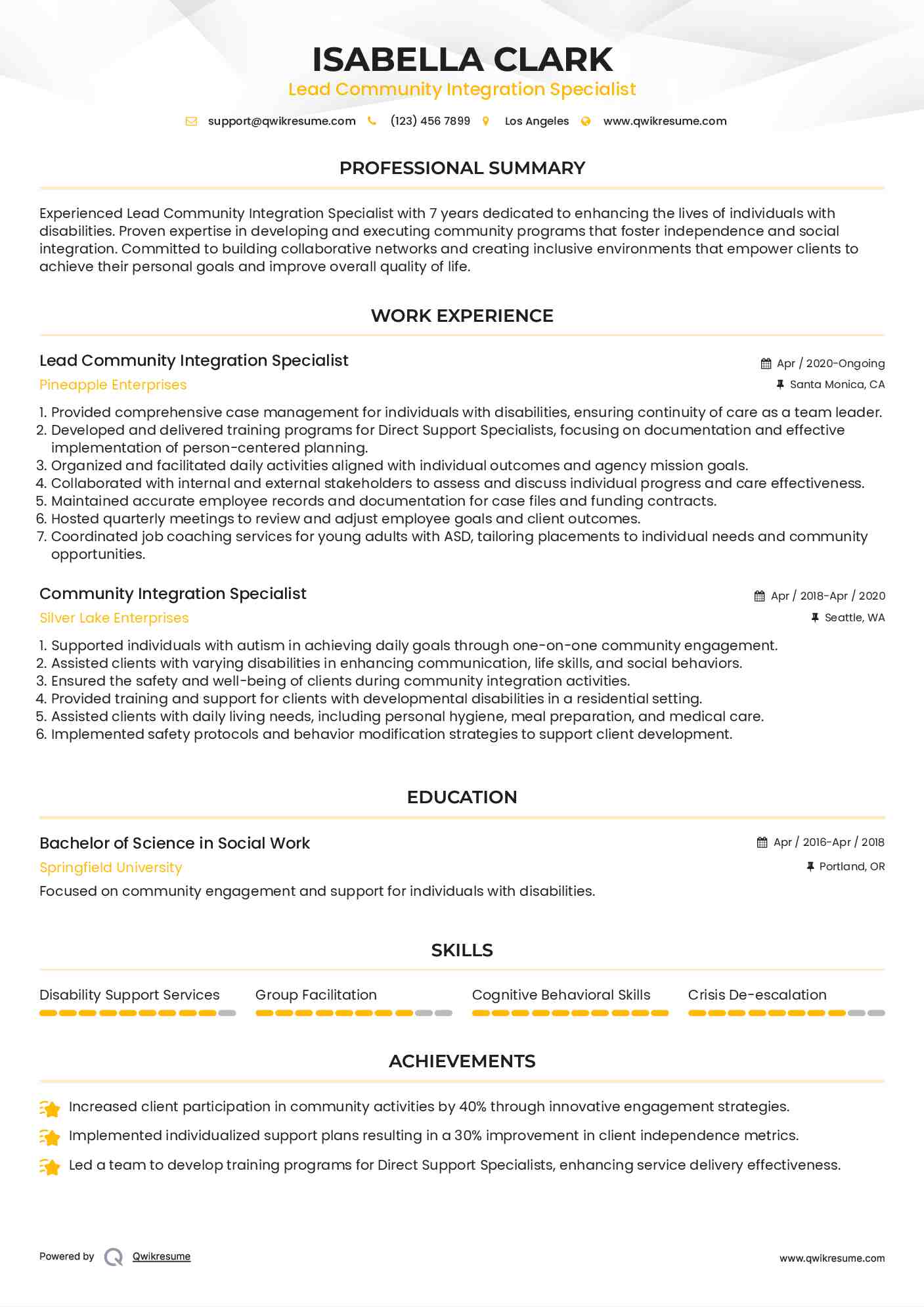 Lead Community Integration Specialist Resume Model
