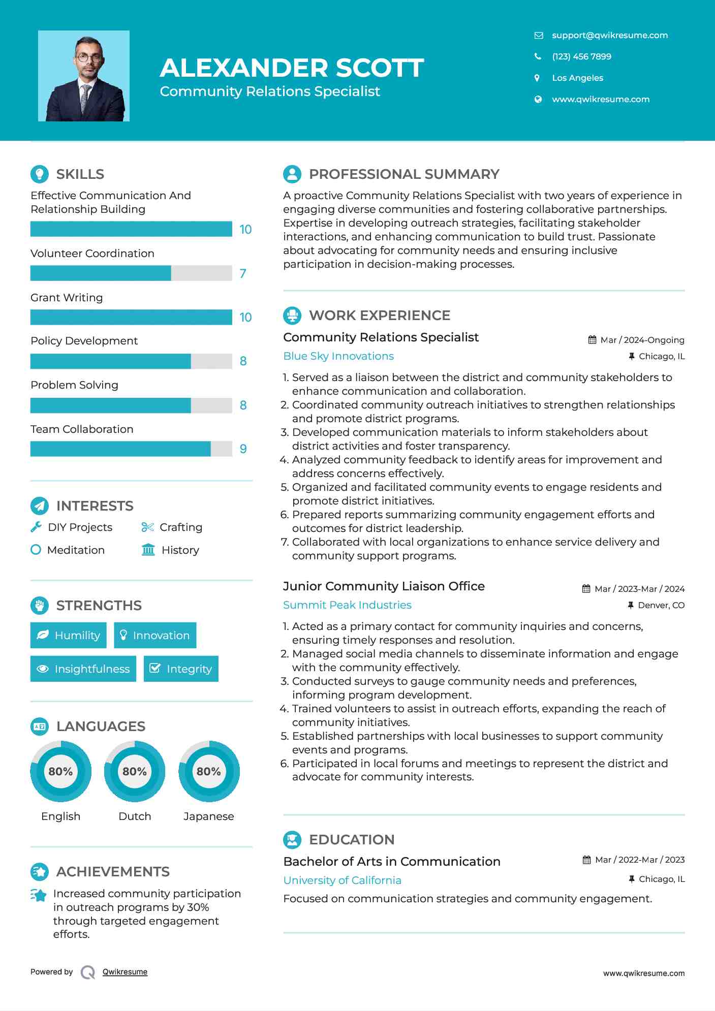 Community Relations Specialist Resume Sample
