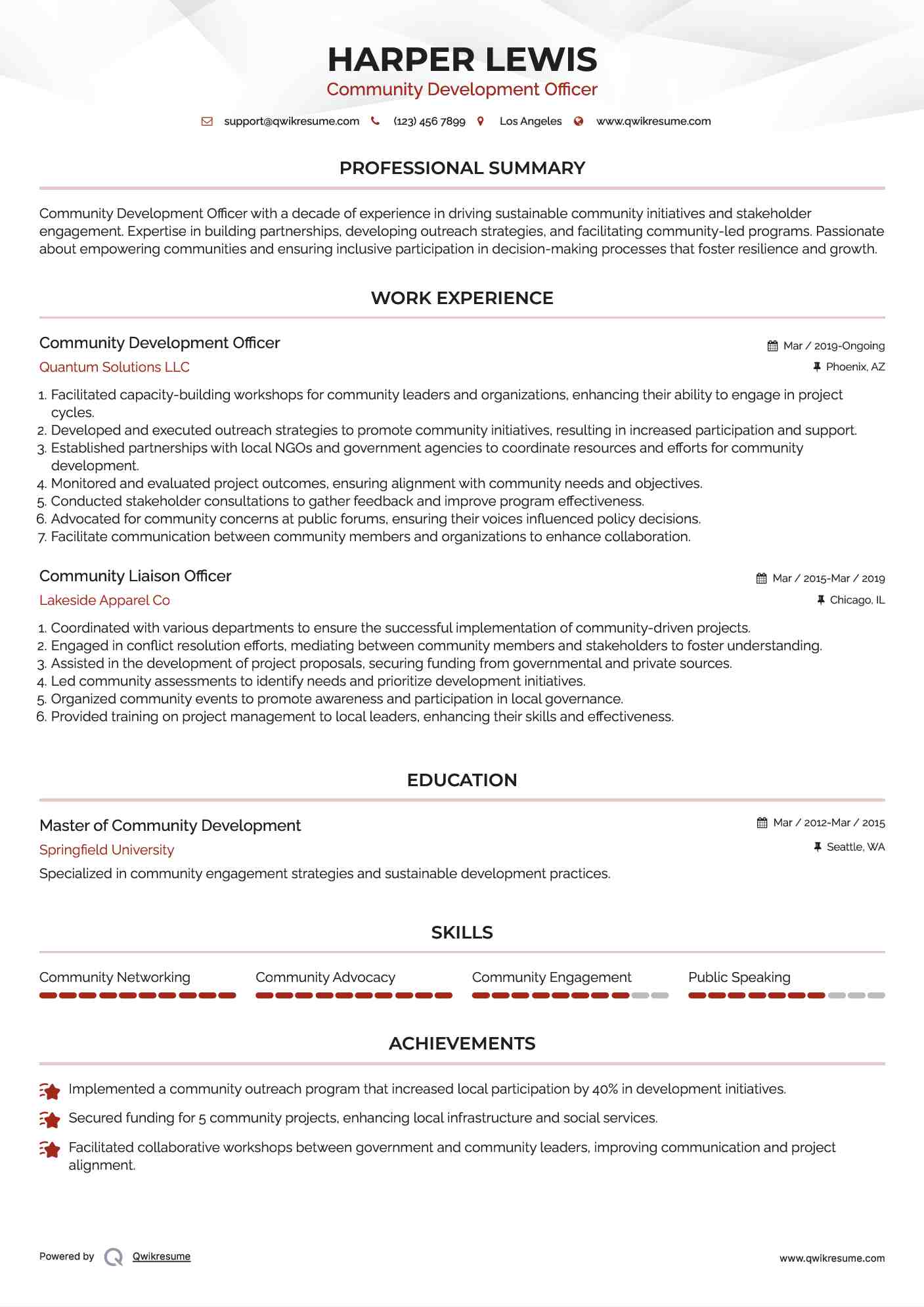 Community Development Officer Resume Format