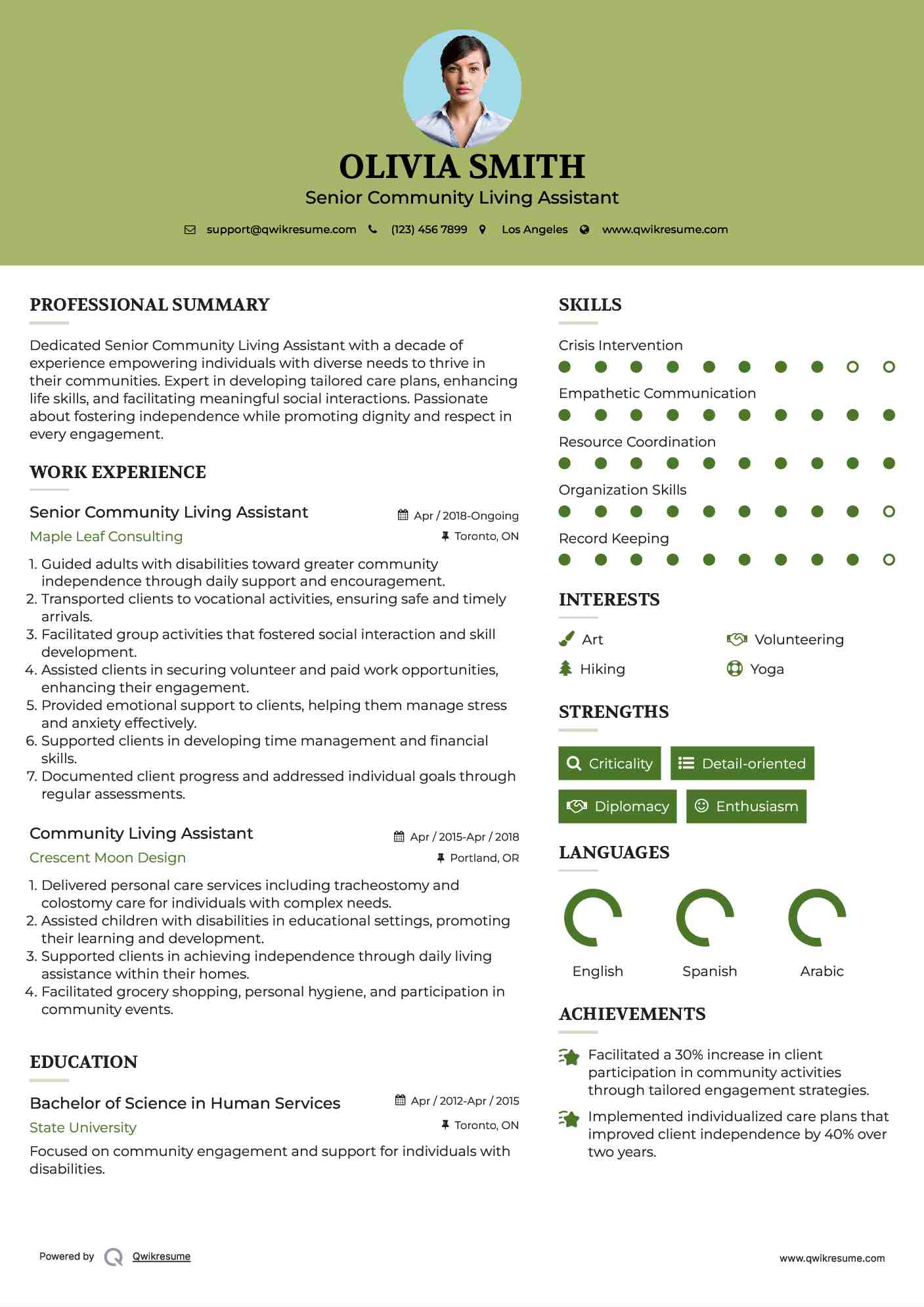 Senior Community Living Assistant Resume Sample