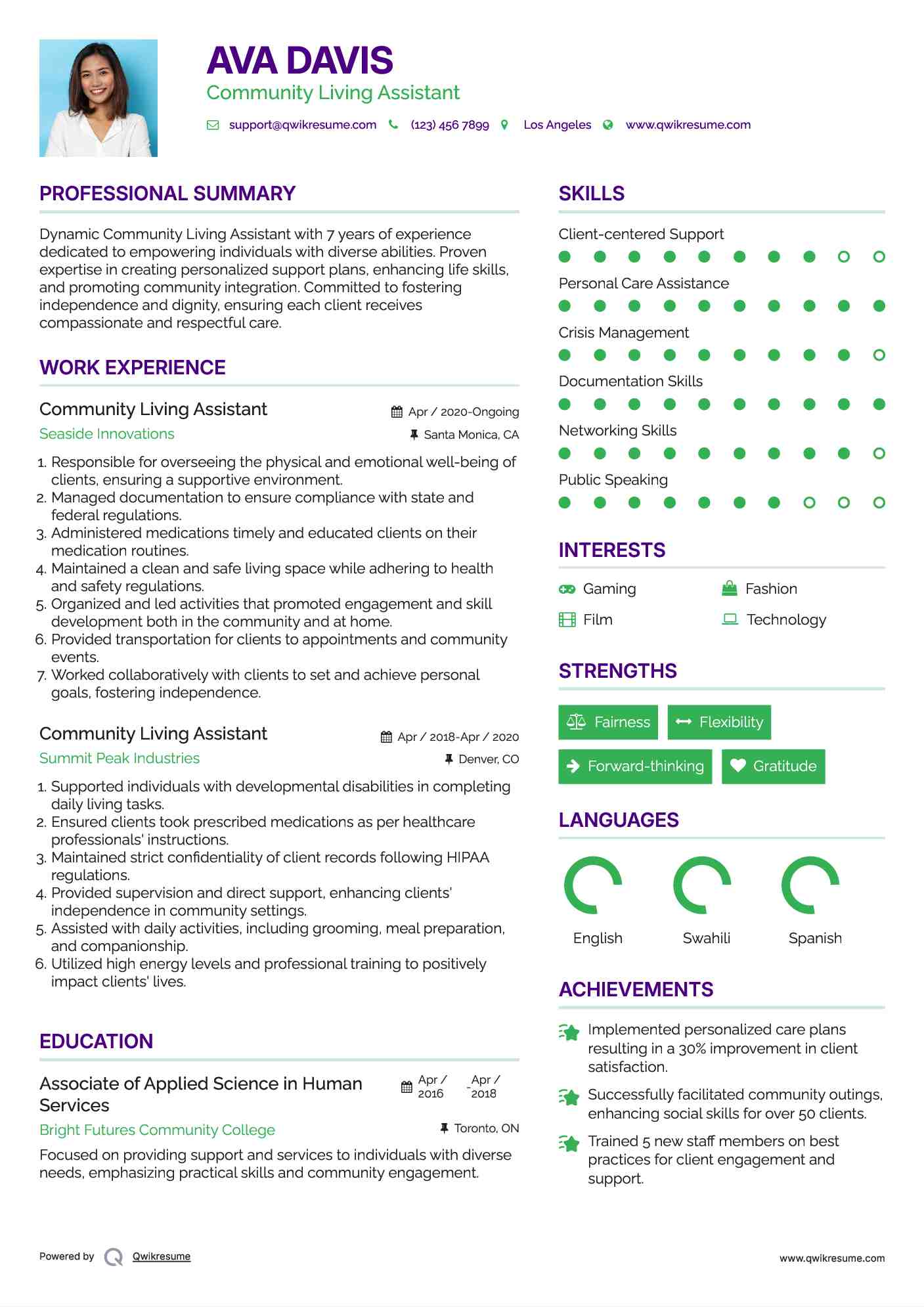 Community Living Assistant Resume Sample