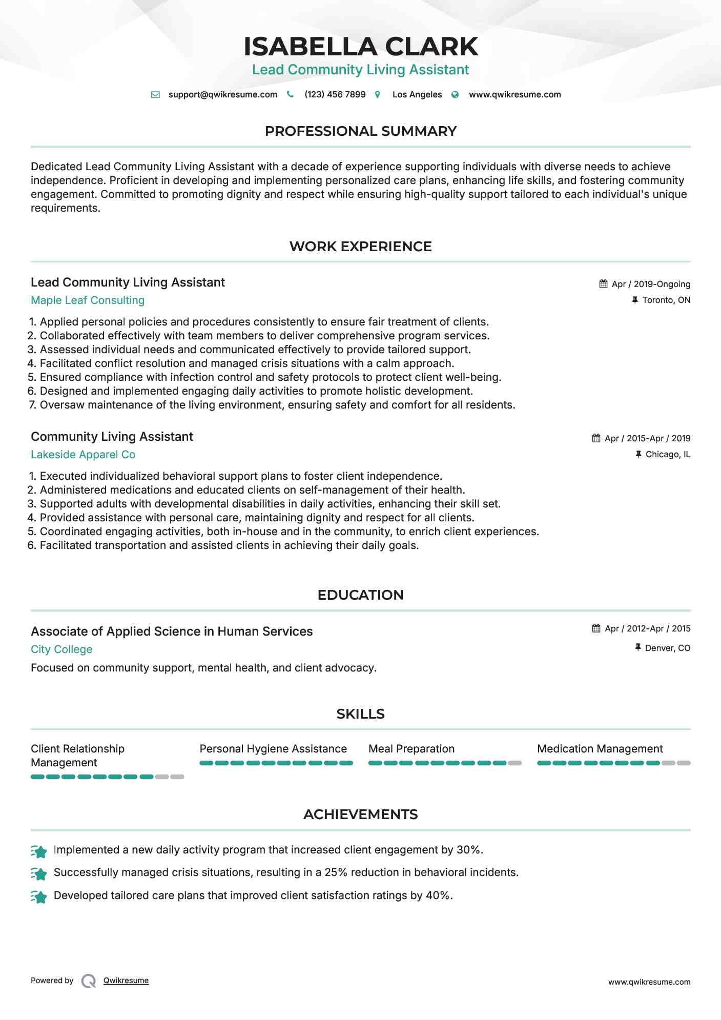 Lead Community Living Assistant Resume Model
