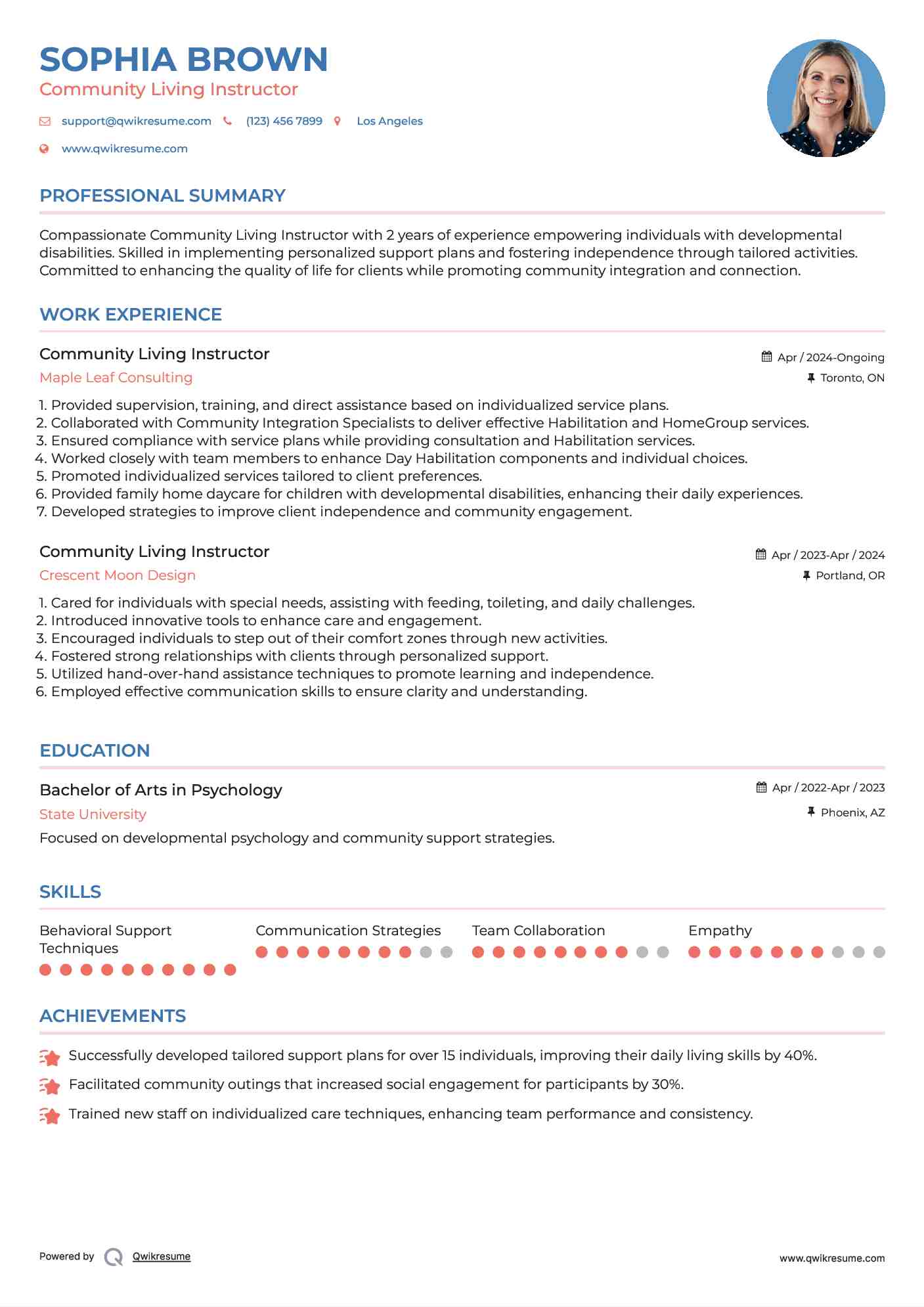 Community Living Instructor Resume Samples | QwikResume