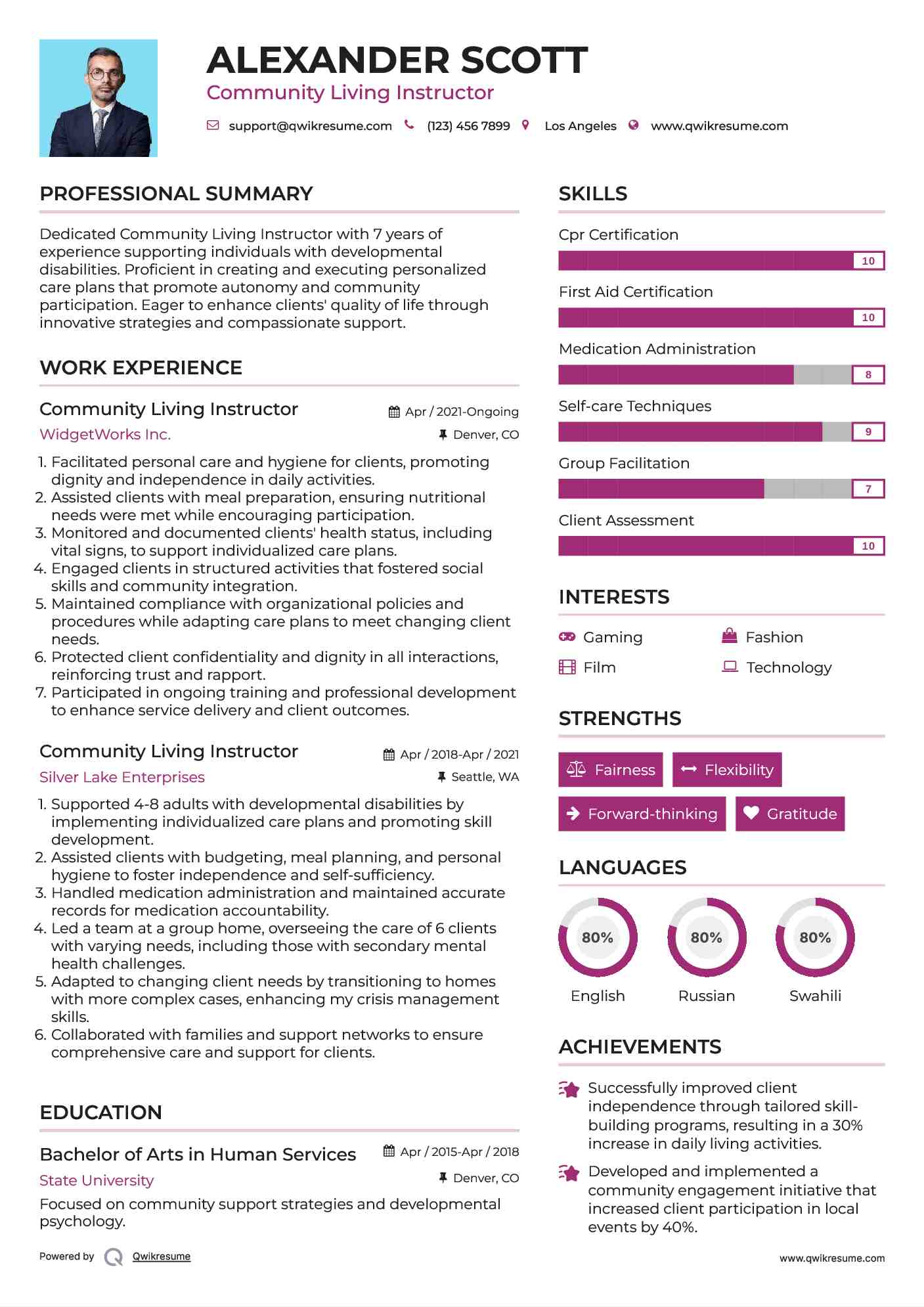 Community Living Instructor Resume Model