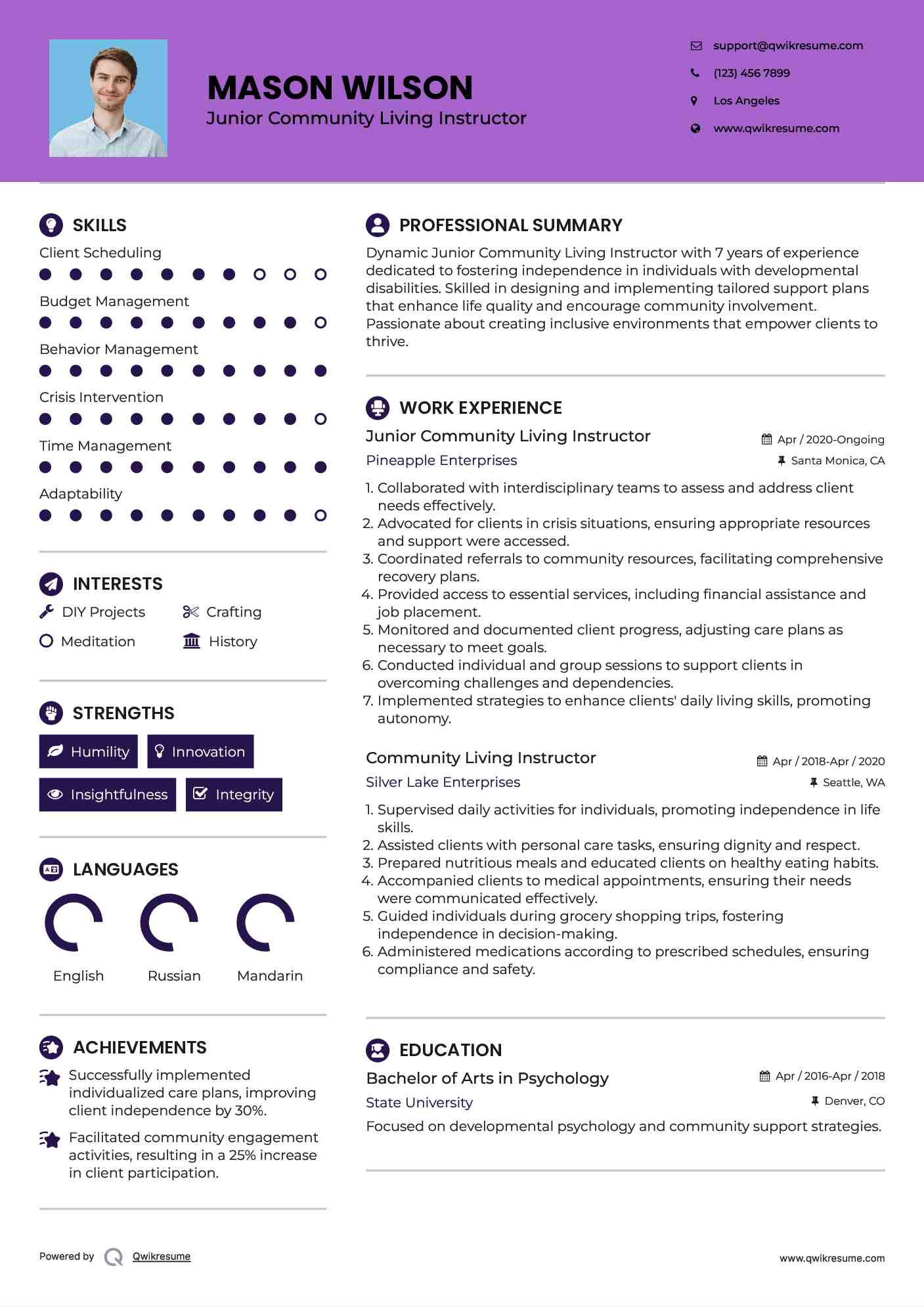 Junior Community Living Instructor Resume Example