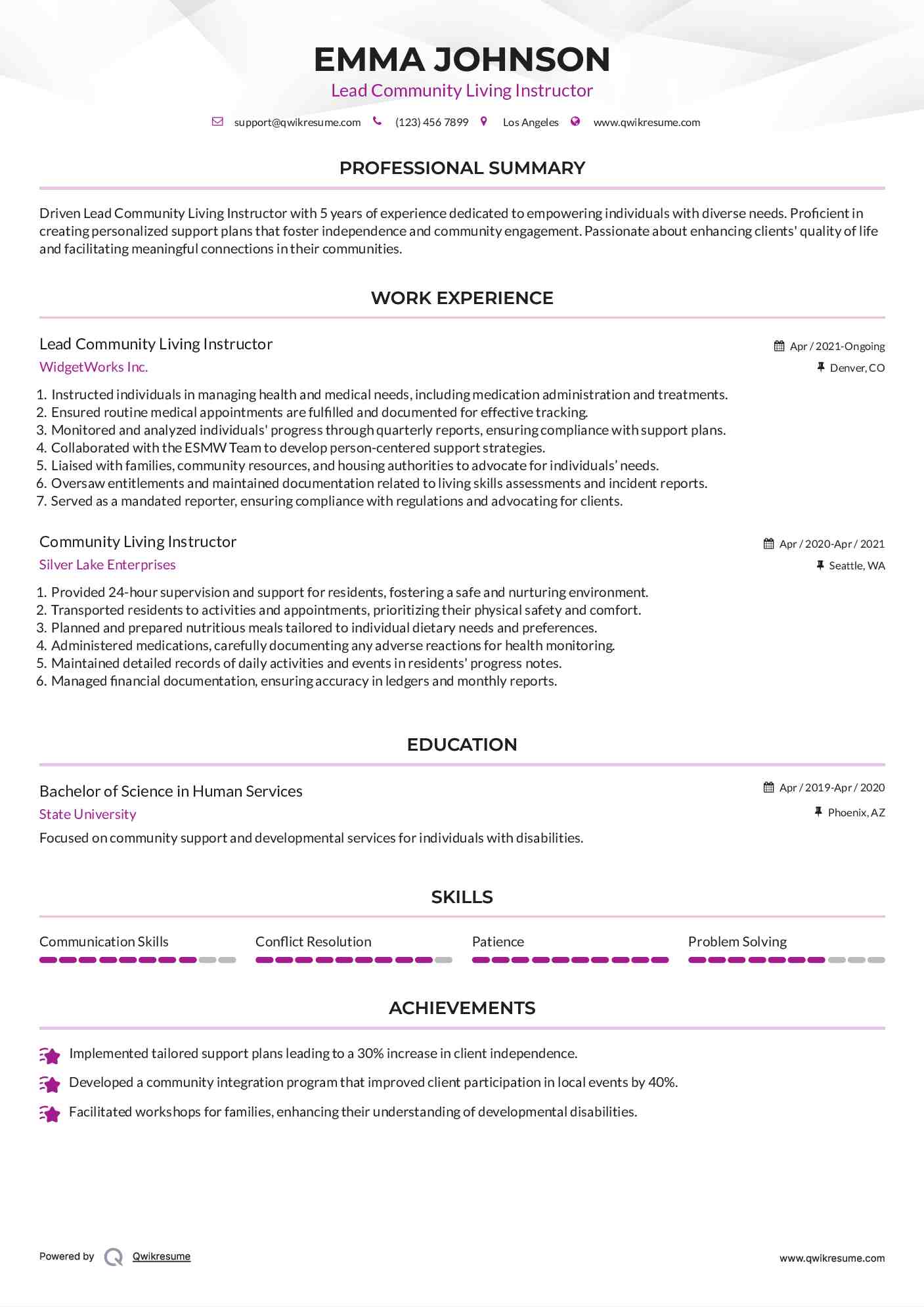 Lead Community Living Instructor Resume Model