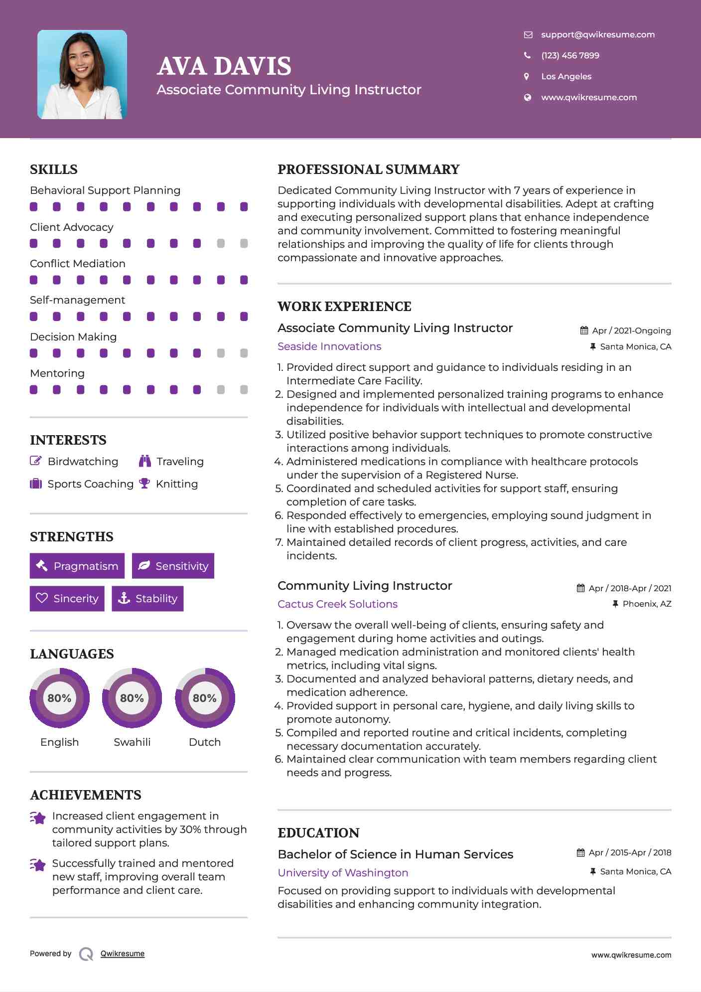 Associate Community Living Instructor
 Resume Example