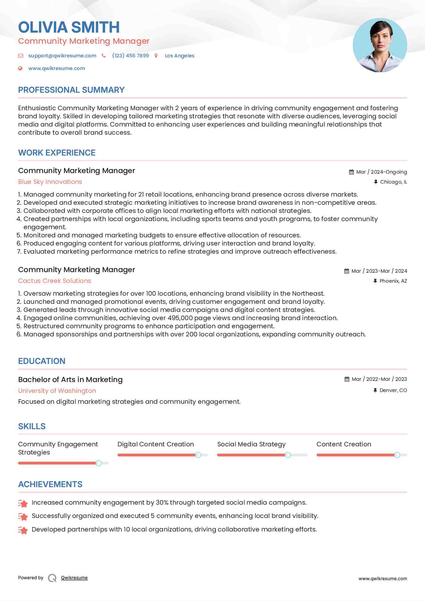 Community Marketing Manager Resume Example