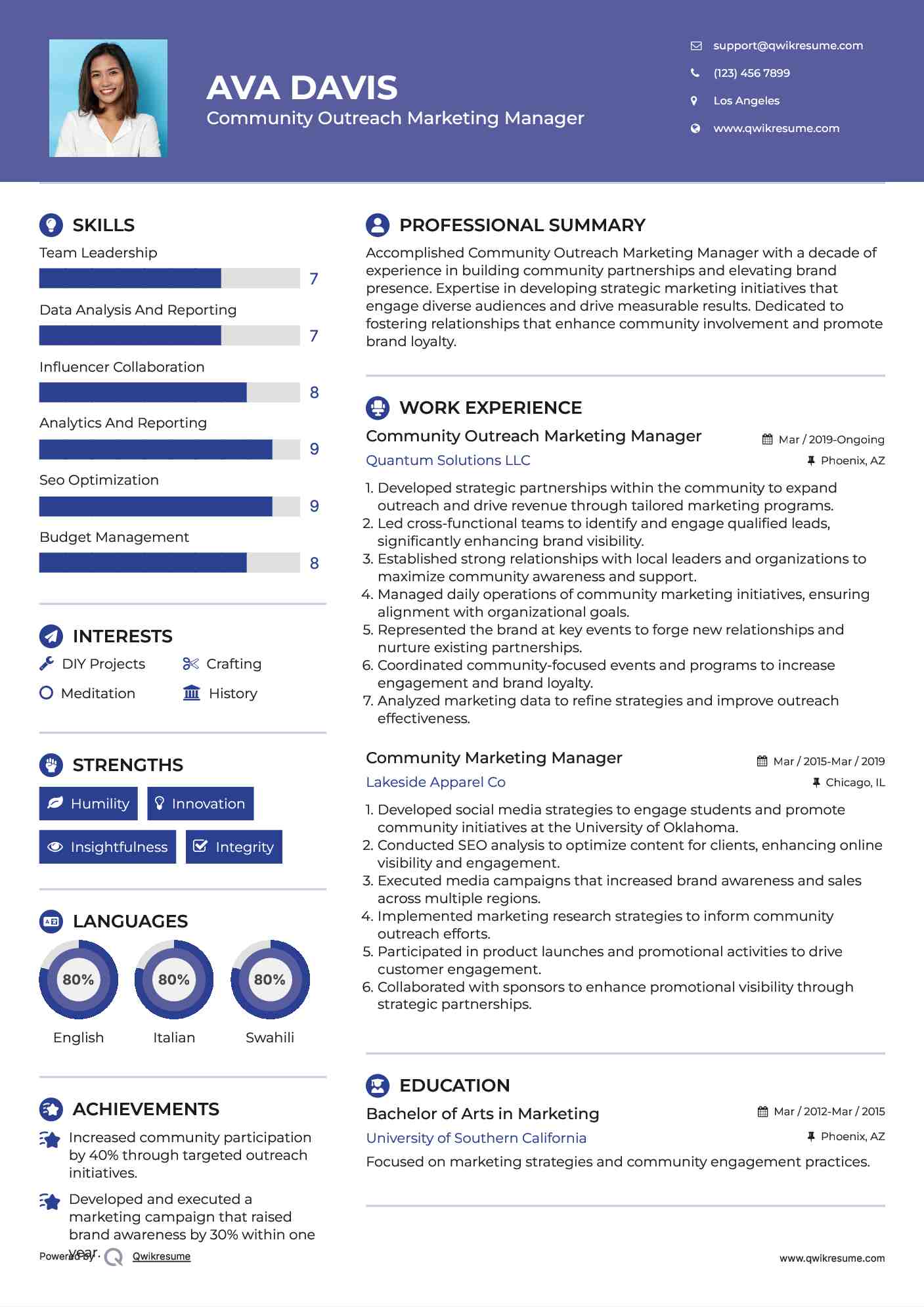 Community Outreach Marketing Manager Resume Example