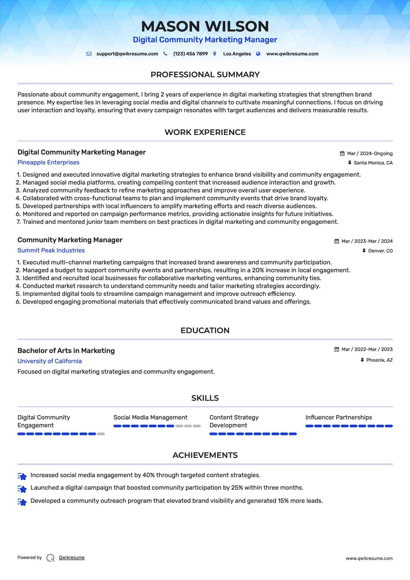 Digital Community Marketing Manager Resume Model